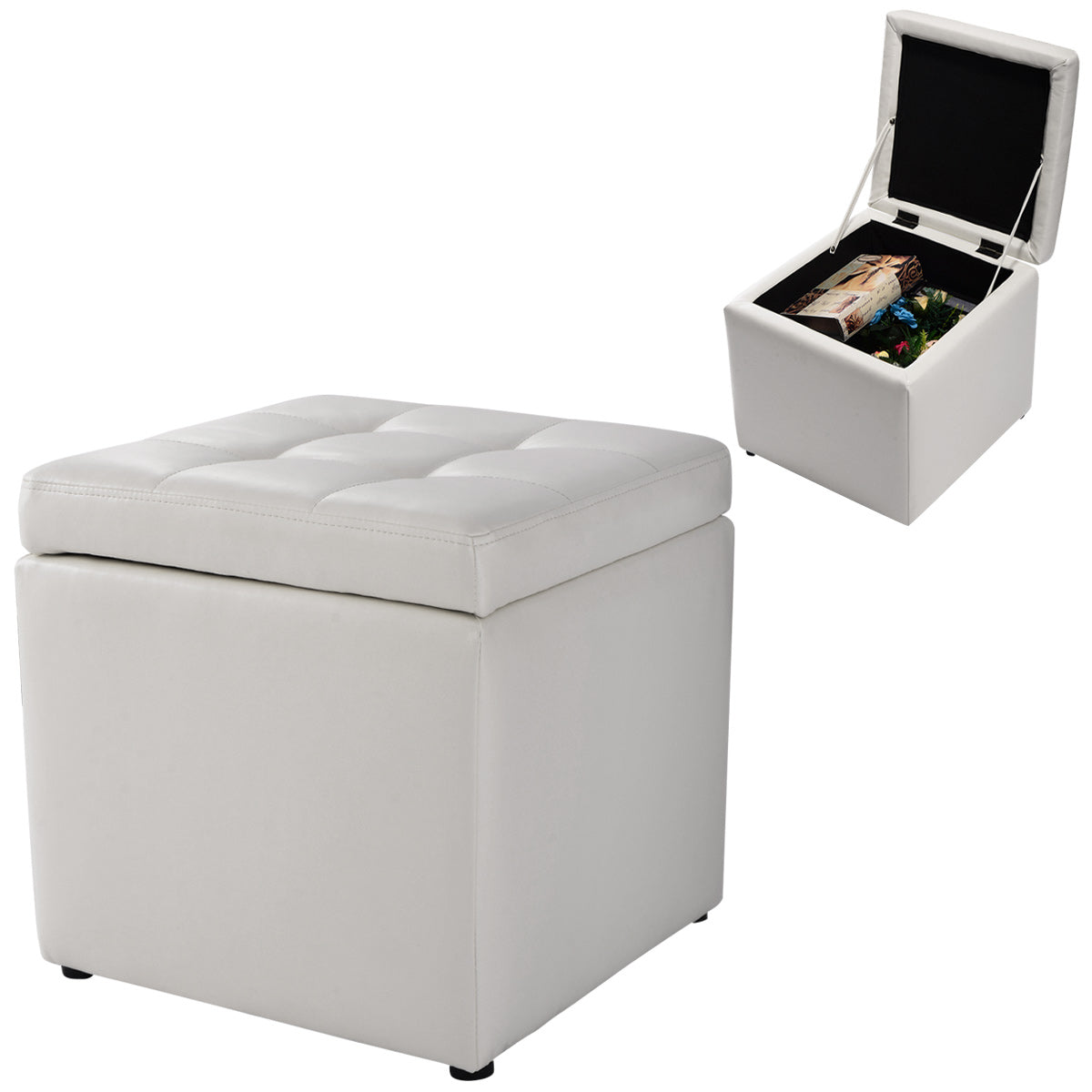 Taburete de Armazenamento Otomana – 40 x 40 x 40 cm – Branco Puro – PU