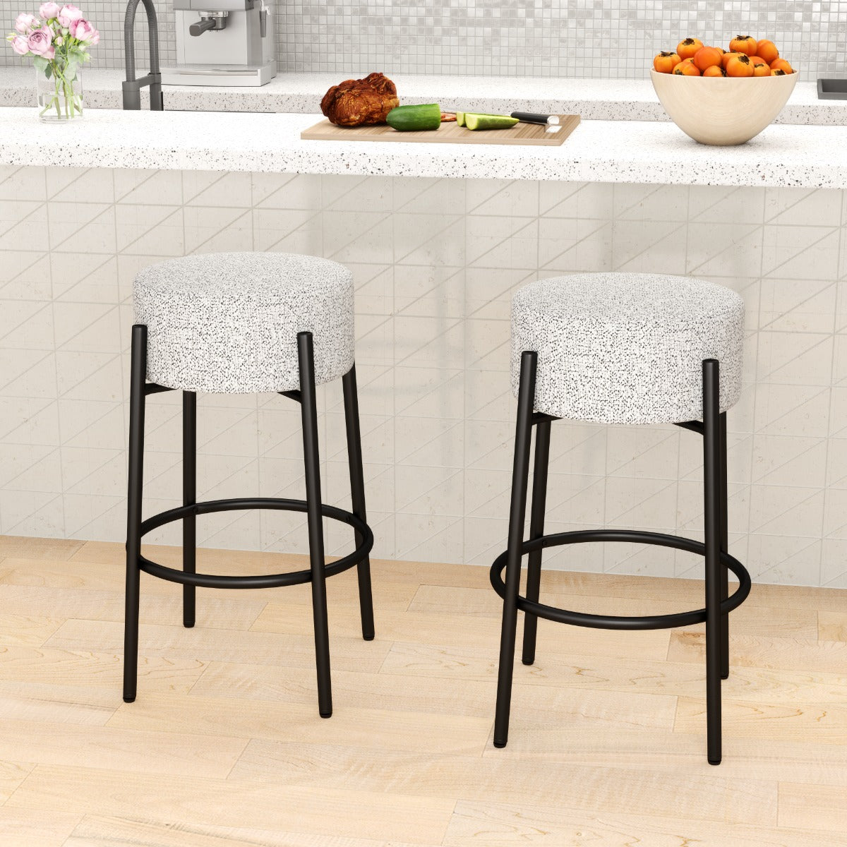 Banco de Bar Sem Encosto 68 cm com Assento Redondo Acolchoado e Base de Metal para Ilha de Cozinha Cinzento