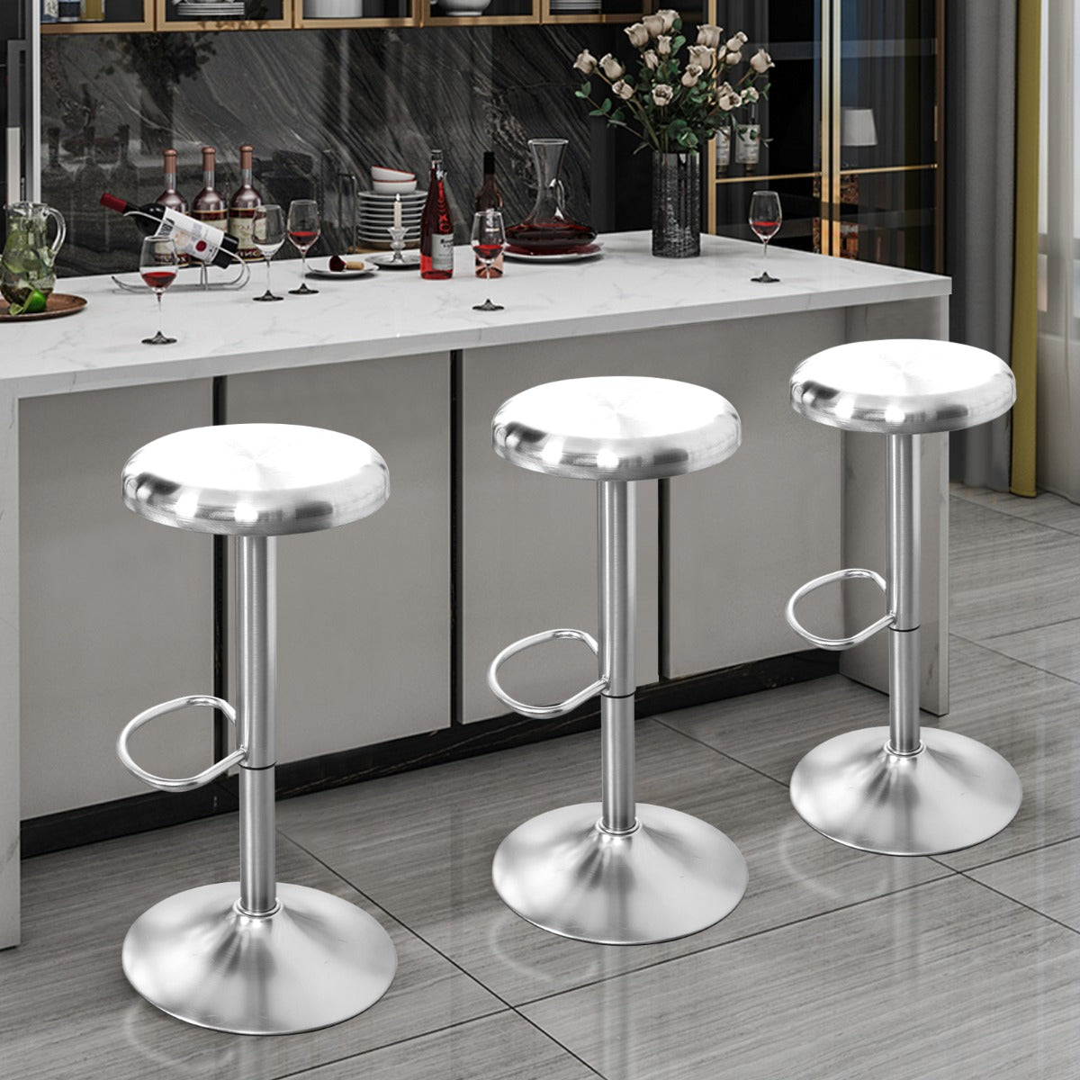 Banco de Bar Giratório Ajustável – 82 cm – Prateado – Aço Inoxidável