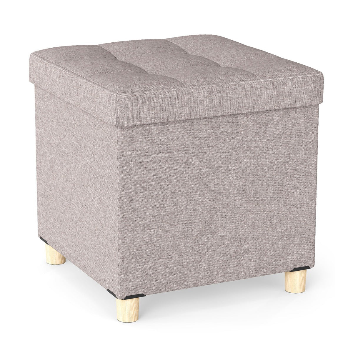 Taburete de Armazenamento Pequeno Cubo Dobrável em Tecido de Linho com Tampa de Madeira e Pernas Elevadas para Estar 45 x 45 x 45 cm Cinzento Claro