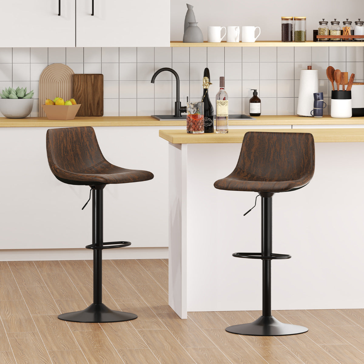 Conjunto de 2 Bancos de Bar Ajustáveis – 47,5 x 43 x 83-105 cm – Castanho – Metal