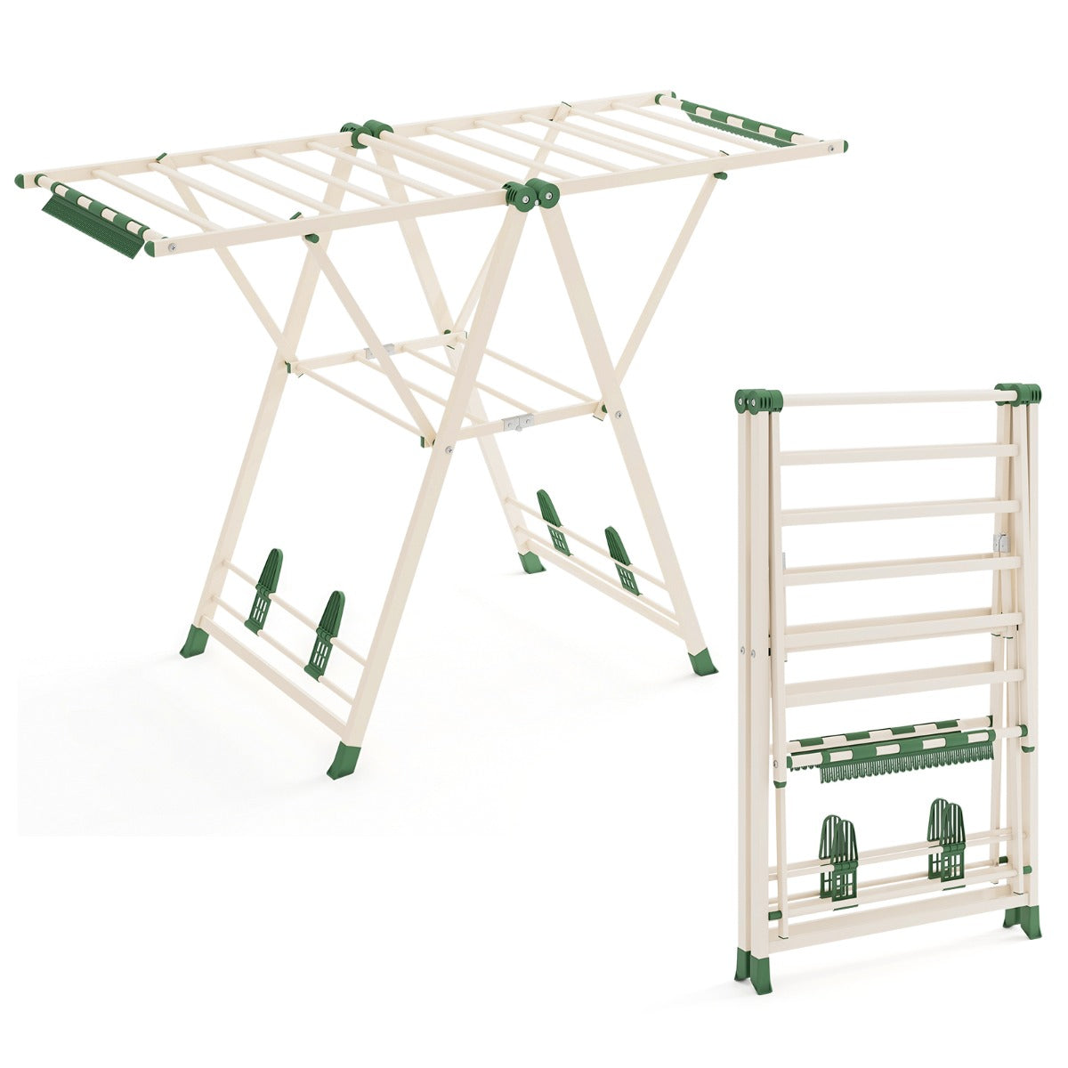 Tendedeiro de Roupa Dobrável com Altura Ajustável 16 Varetas e Prateleira para Utilização Interior e Exterior 141 x 56 x 99 - 148 cm Bege