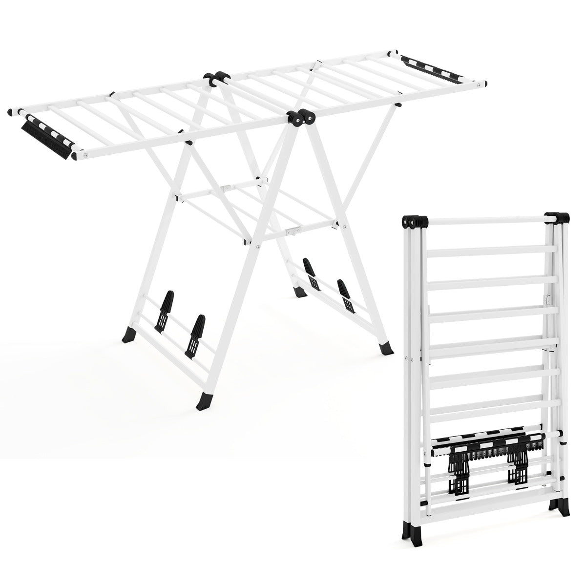 Tendedeiro de Roupa Dobrável com 18 Barras, Clips para Meias e Altura Ajustável para Varandas 163 x 56 x 99 - 158 cm Branco