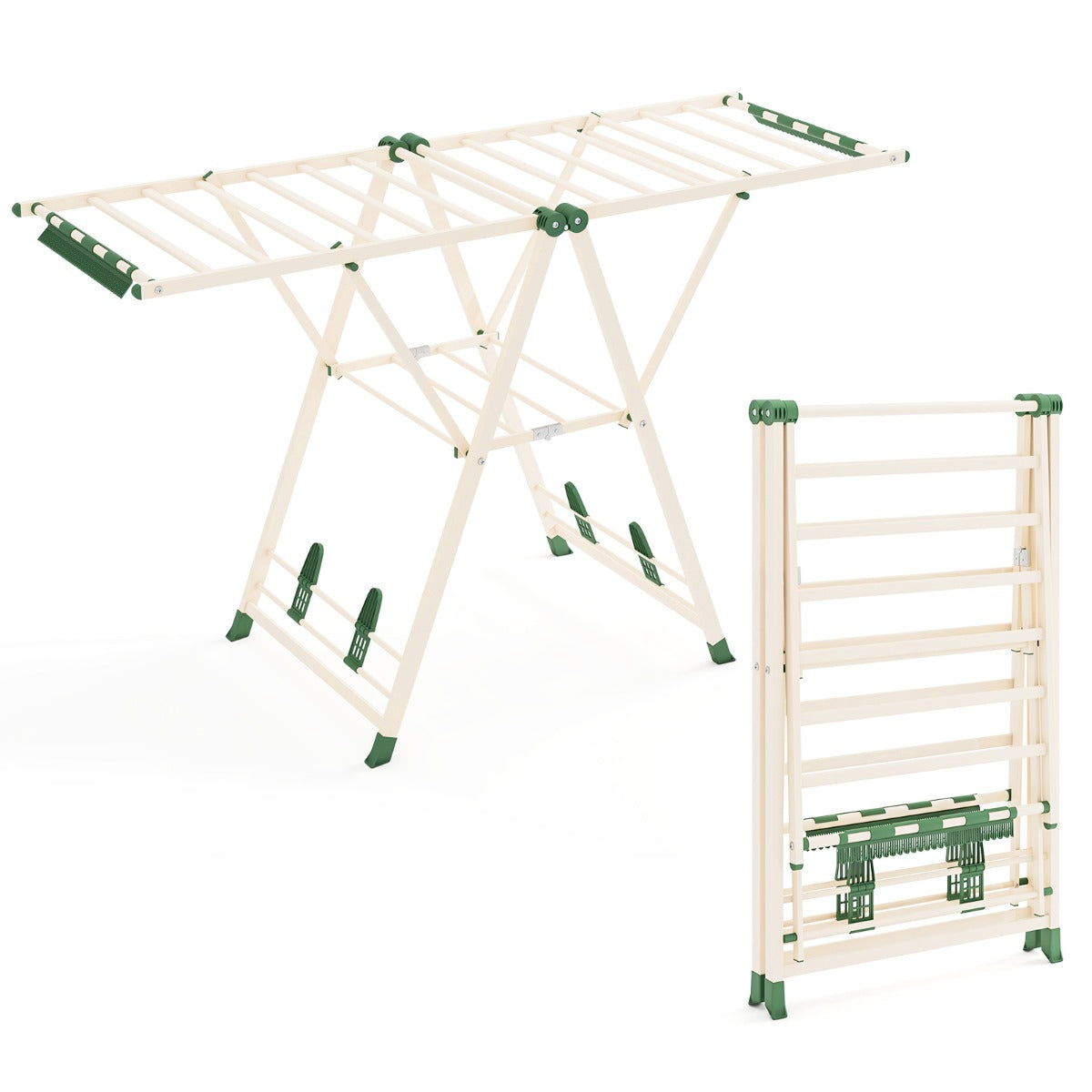 Tendedeiro de Roupa Dobrável com 18 Barras, Molas para Meias e Altura Ajustável para Varandas 163 x 56 x 99 - 158 cm Bege