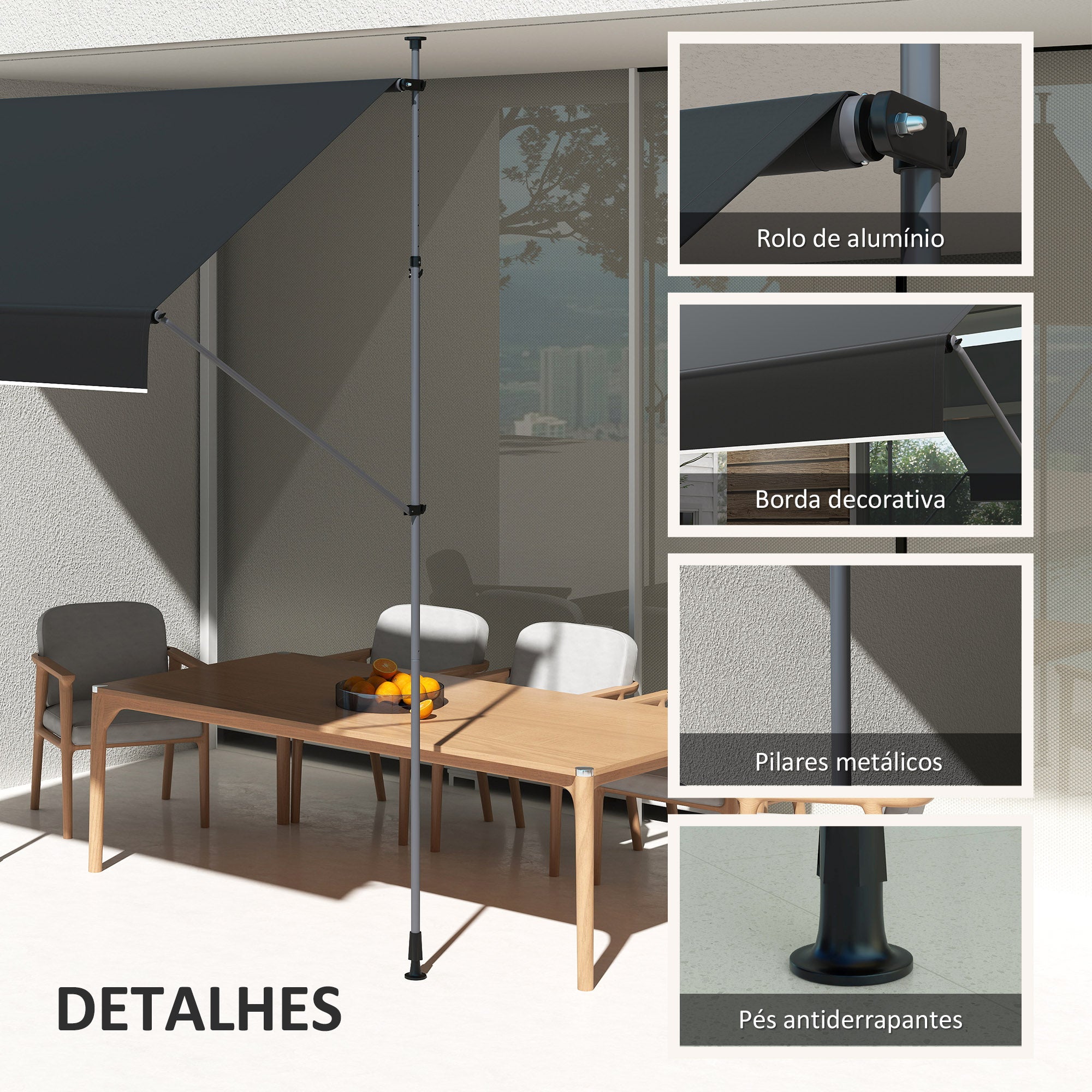 Toldo Manual Retrátil 200x120 cm Preto Altura Ajustável 210-310 cm