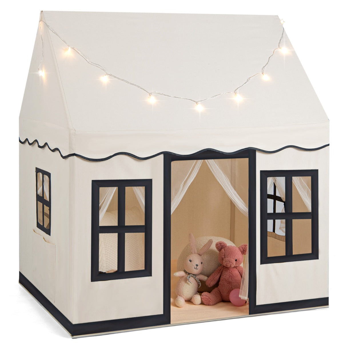Tenda de Acampamento Infantil com Luzes de Estrelas e Tapete Lavável Antiderrapante 121 x 101 x 137 cm Bege e Preto