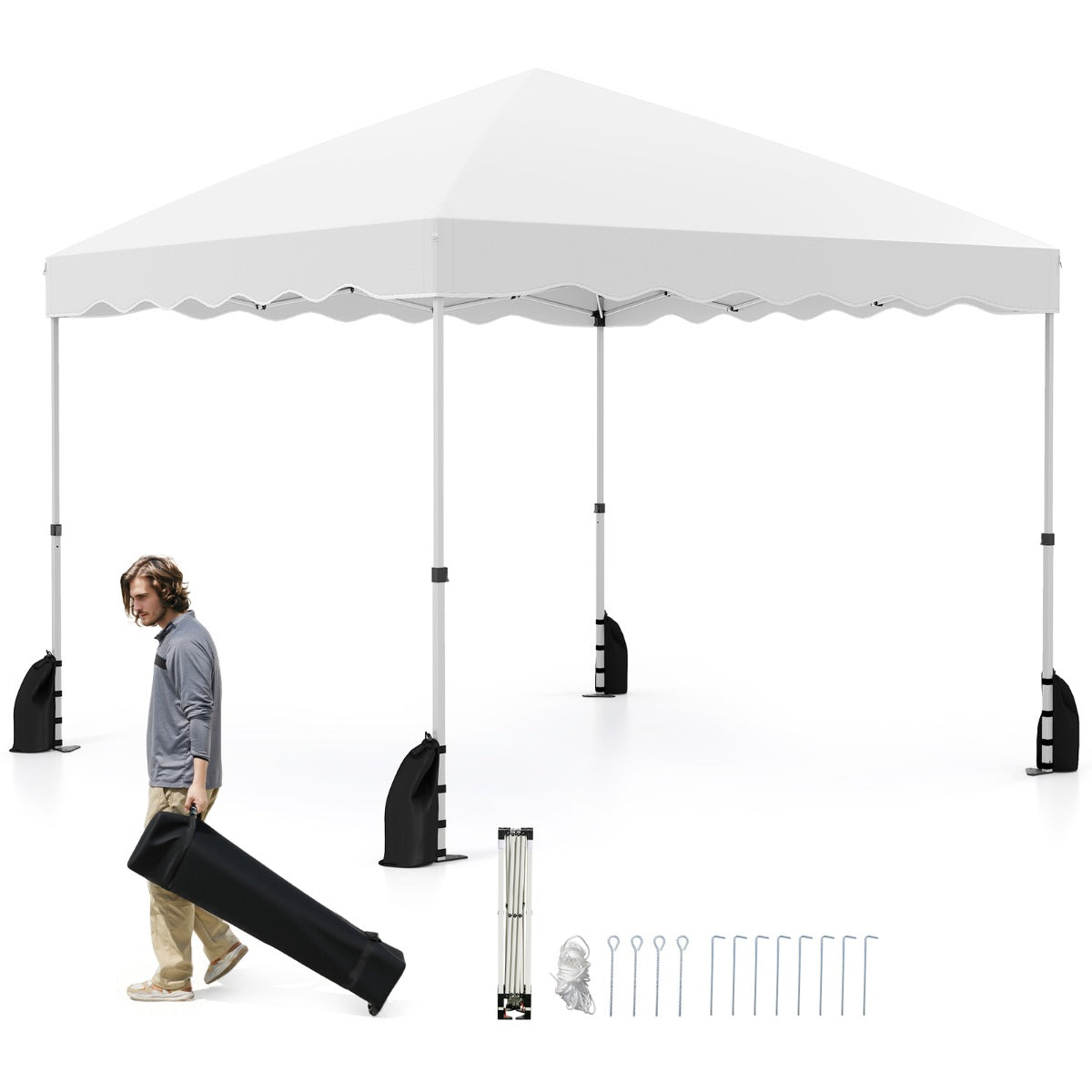 Tenda de Campismo Dobrável Portátil com 8 Estacas 4 Âncoras 4 Cordas de Vento 4 Sacos de Areia 300 x 300 x 266-286 cm - Branco