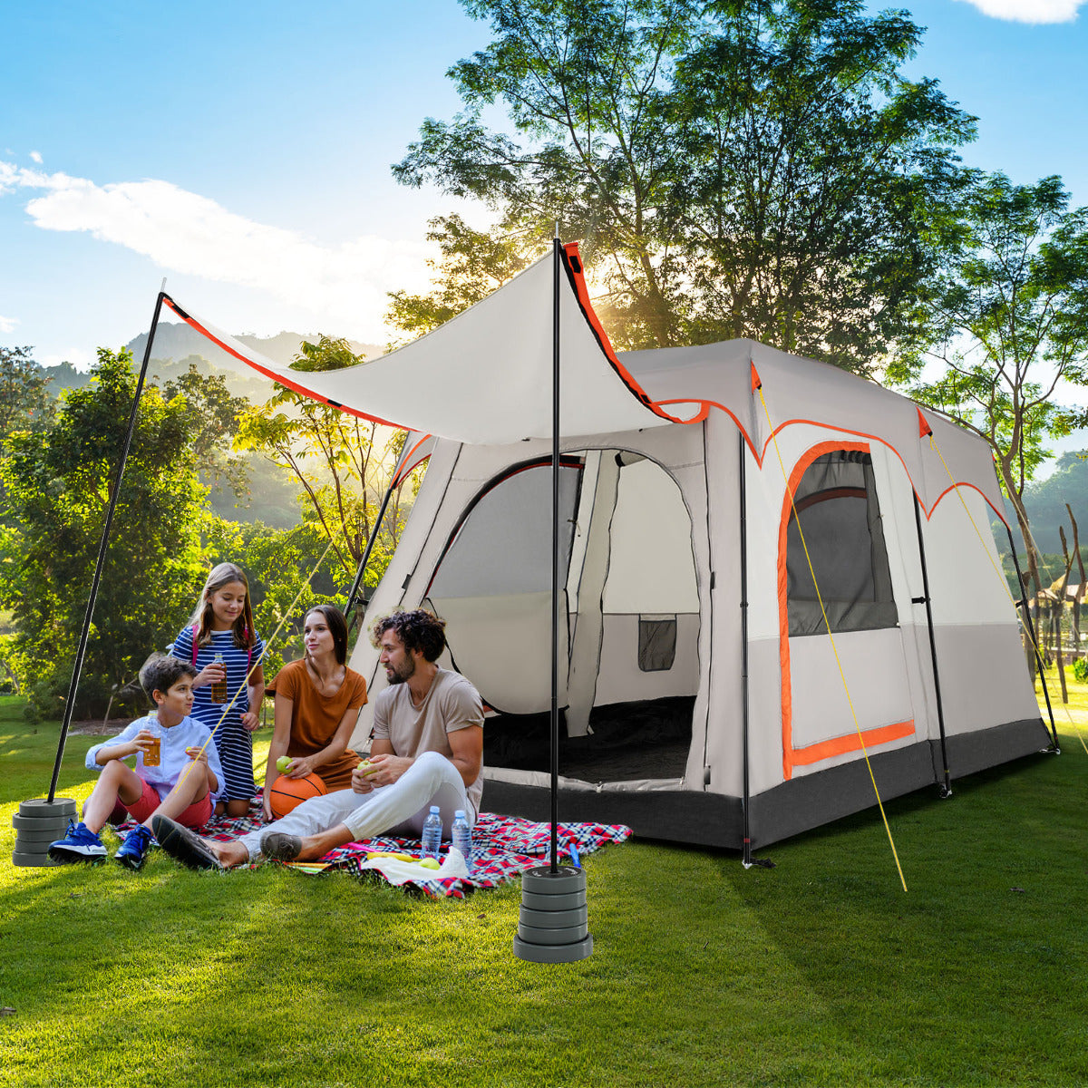 Tienda de Campaña para 6 Pessoas com 2 Quartos e Toldo para Chuva em Lona de PE Janelas em Malha Bolsa de Transporte Portátil Cinzenta