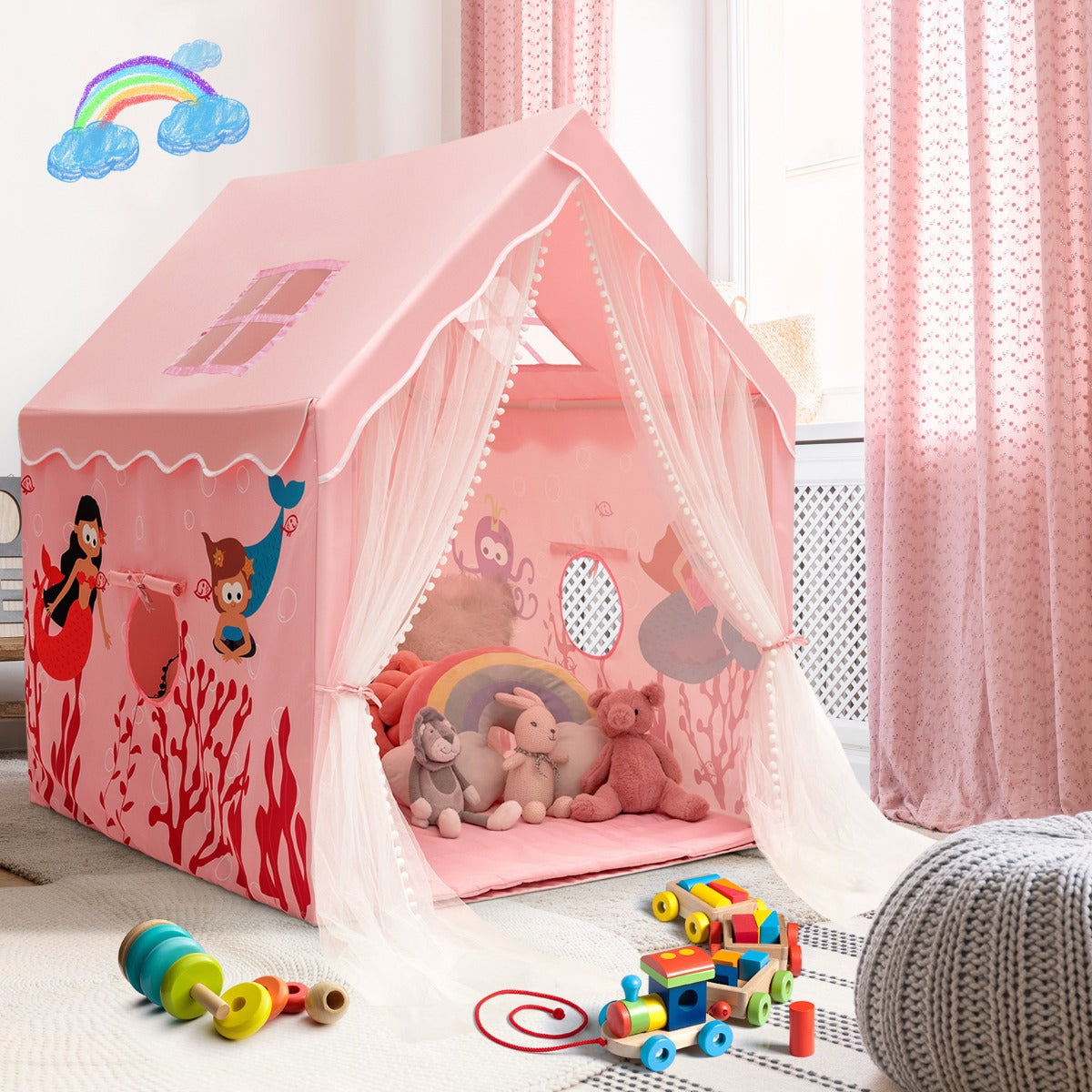 Tenda de Campismo Interior com Tapete Acolchoado Removível Oferta para Crianças 121 x 105 x 137 cm Rosa