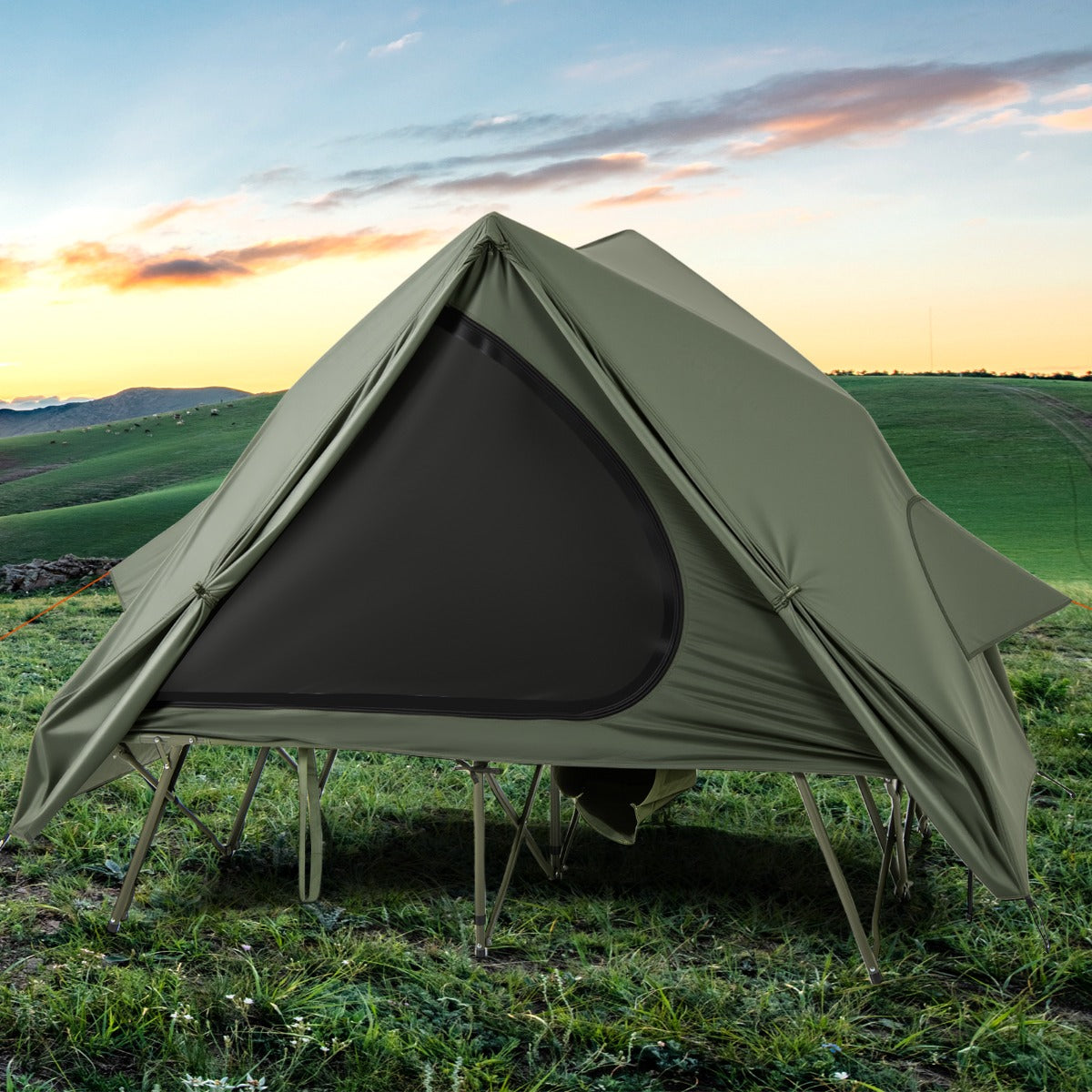 Tenda de Campismo para 2 Pessoas com Cama, Bolsa com Rodas Portátil e 2 Janelas de Malha para Caminhadas 204 x 128 x 161 cm Verde