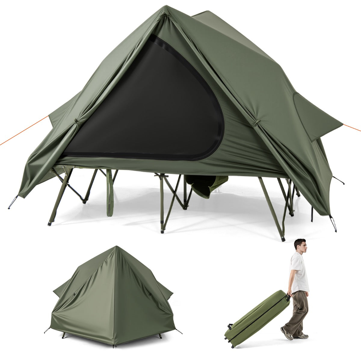 Tenda de Campismo para 2 Pessoas com Cama, Bolsa com Rodas Portátil e 2 Janelas de Malha para Caminhadas 204 x 128 x 161 cm Verde