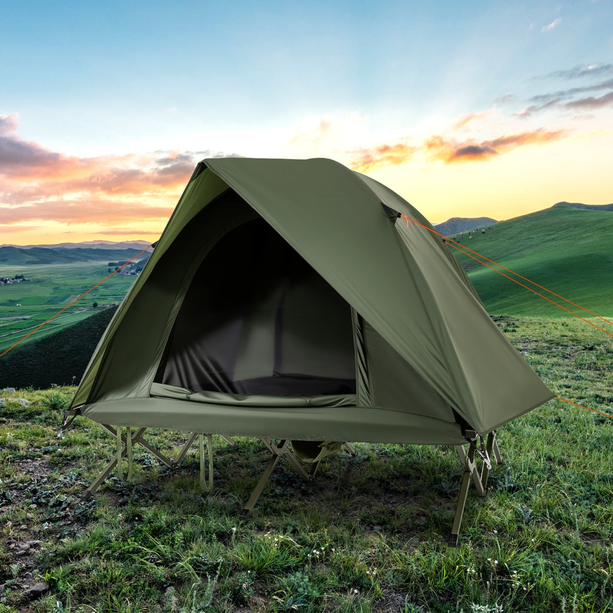 Tenda de Campismo para 2 Pessoas com Cama Elevada Bolsa de Transporte com Rodas Claraboia Chuva Impermeável 194 x 145 x 150 cm Verde