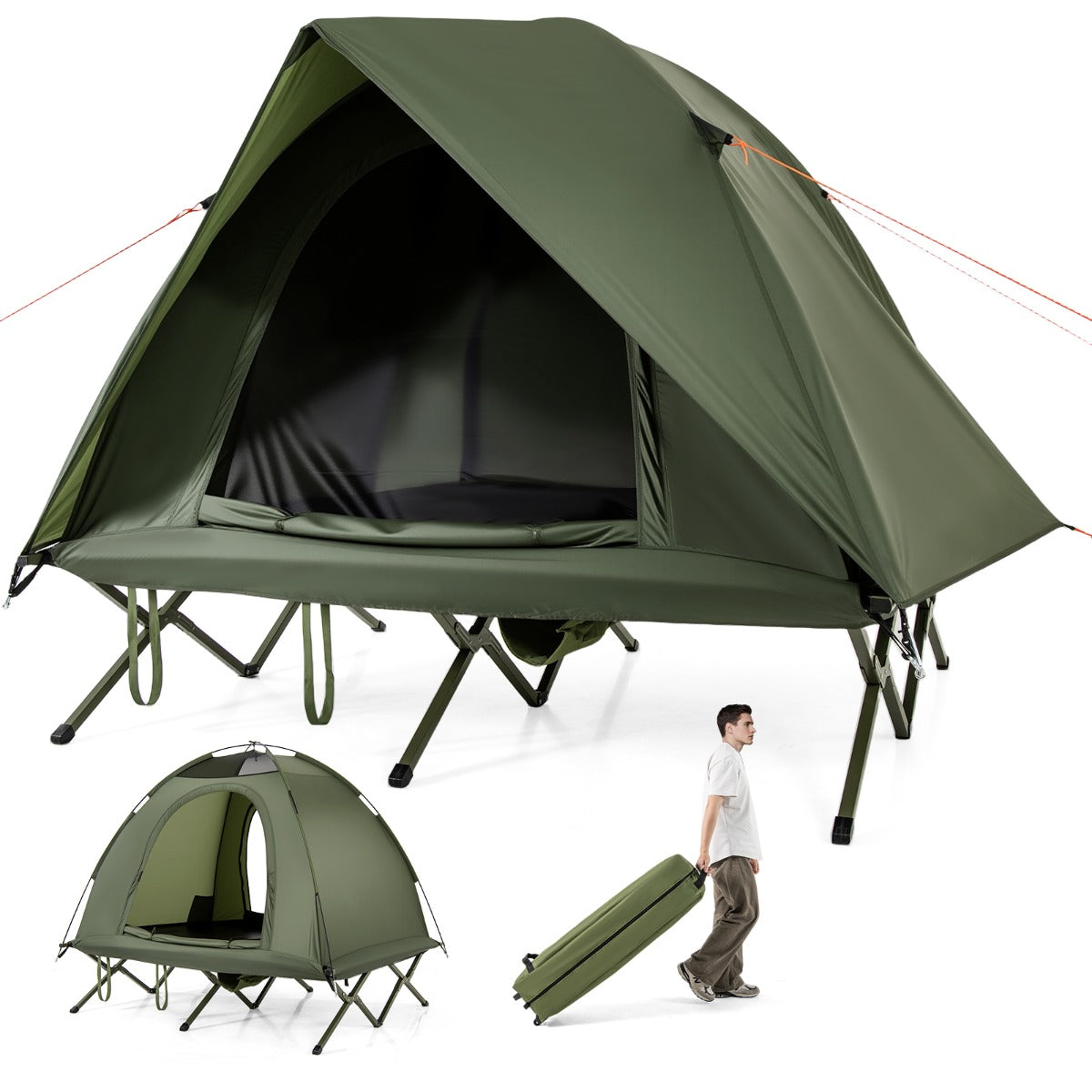 Tenda de Campismo para 2 Pessoas com Cama Elevada Bolsa de Transporte com Rodas Claraboia Chuva Impermeável 194 x 145 x 150 cm Verde