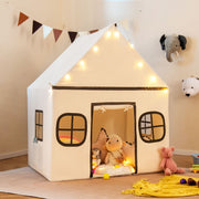 Tenda Infantil com Cortina de Porta e Janelas, Luzes de Estrela, Tapete Acolchoado Antiderrapante, Bolsos Laterais Bege e Café