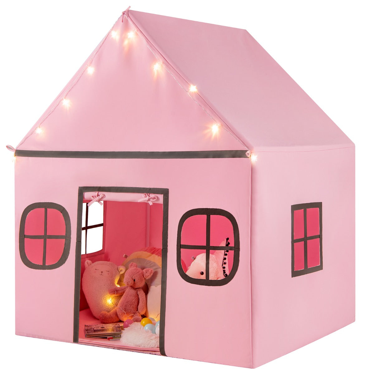 Tenda de Campismo Infantil com Cortina de Porta e Janelas Luzes Estrela Tapete Acolchoado Antiderrapante Bolso Lateral Rosa