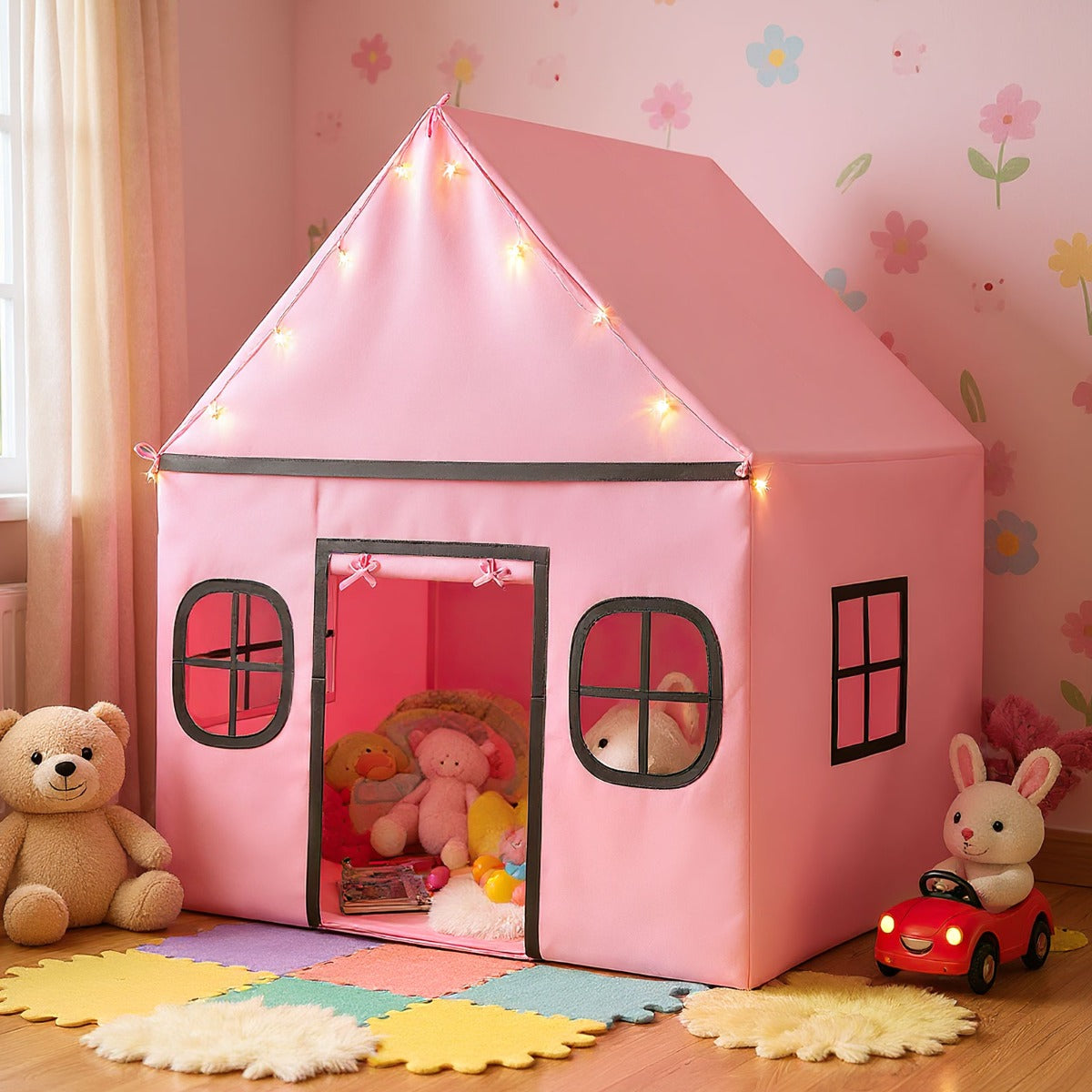 Tenda de Campismo Infantil com Cortina de Porta e Janelas Luzes Estrela Tapete Acolchoado Antiderrapante Bolso Lateral Rosa