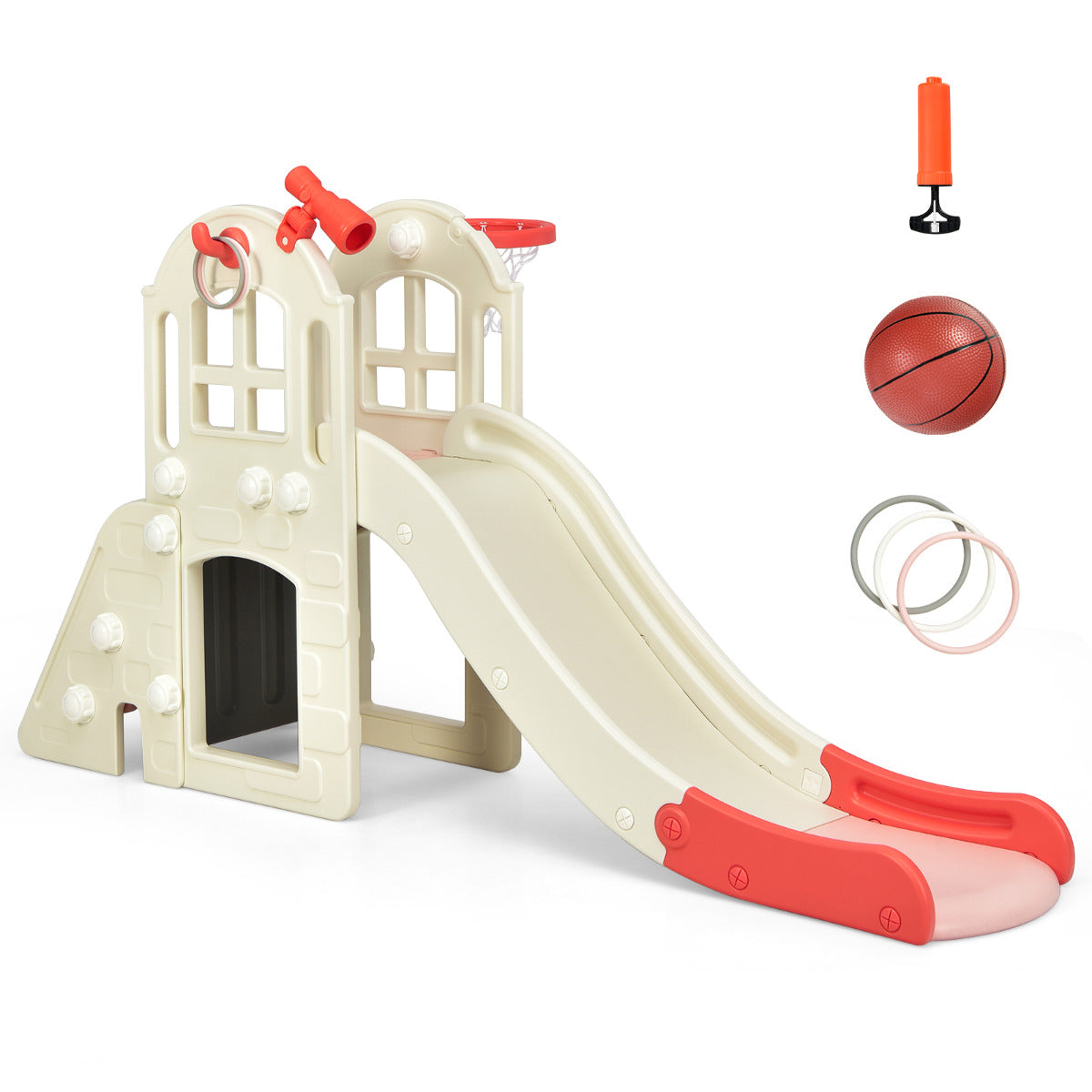 Tobogã Infantil 6 em 1 com Cesta de Basquetebol – 189,5 x 83 x 98 cm – Rosa – HDPE