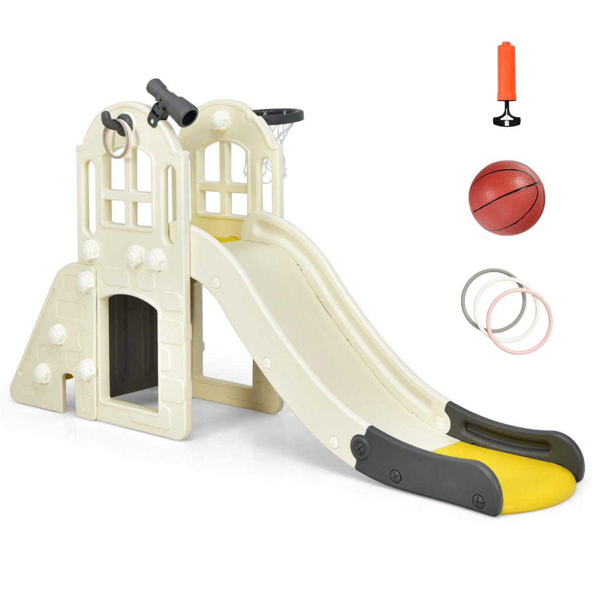 Tobogã Infantil Multifuncional 6 em 1 com Cesta de Basquetebol Bola Lançadora de Anéis Telescópio Interior Exterior 189,5 x 83 x 98 cm Amarelo