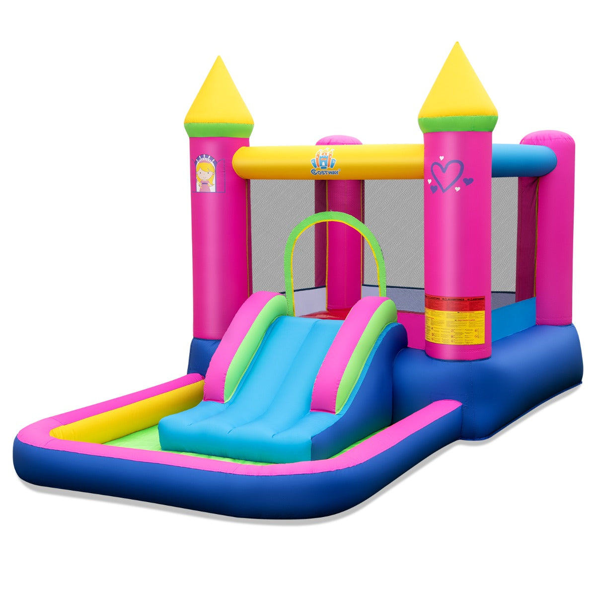 Tobogán de Água Insuflável Castelo Insuflável de Princesa com Tobogán Piscina e Cesto de Basquetebol Bolsa de Transporte para Crianças