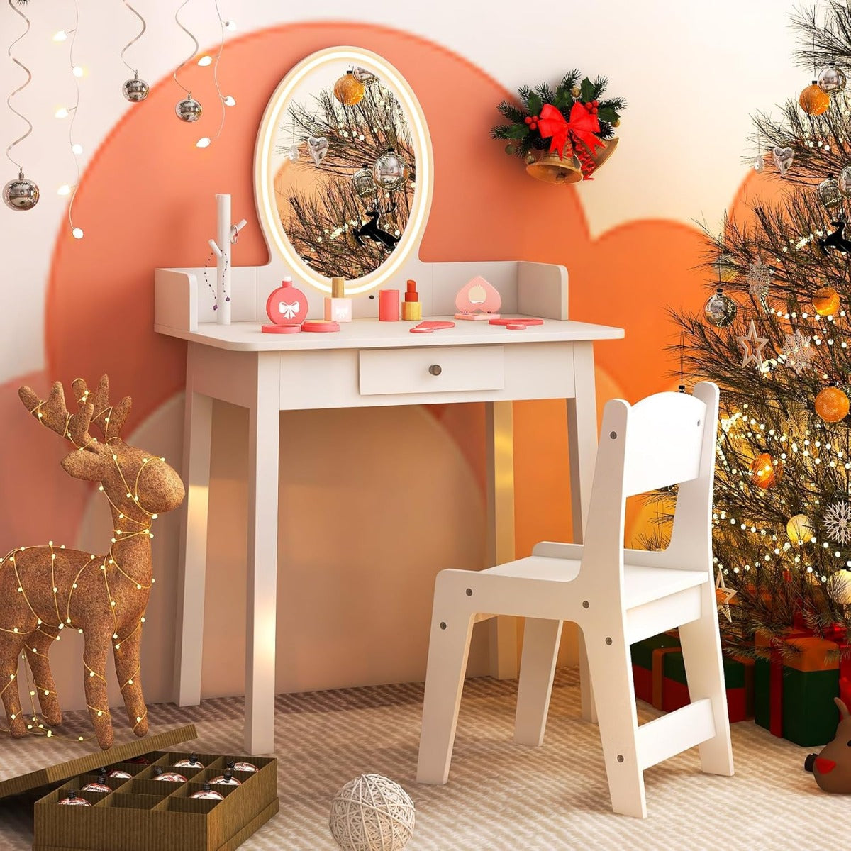 Toucador Infantil Branco com Espelho Iluminado, Banqueta, Gaveta e Organizador de Joias para Meninas