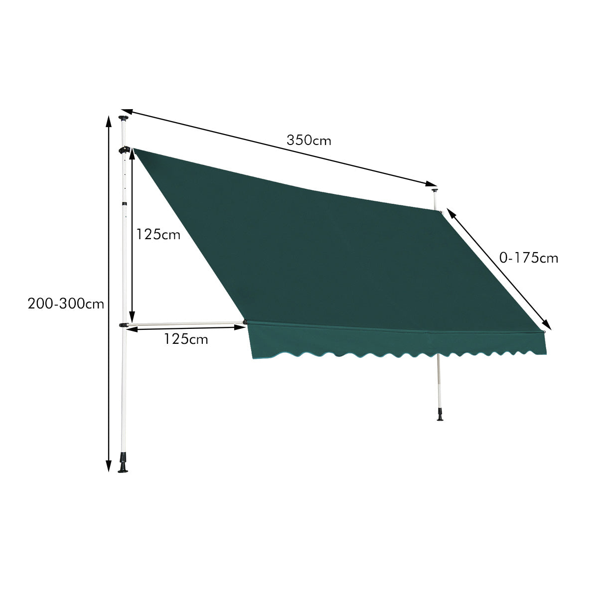 Toldo Exterior para Terraço Altura Ajustável 2-3 m com Manivela e Resistente às Intempéries 350 x 125 cm Verde