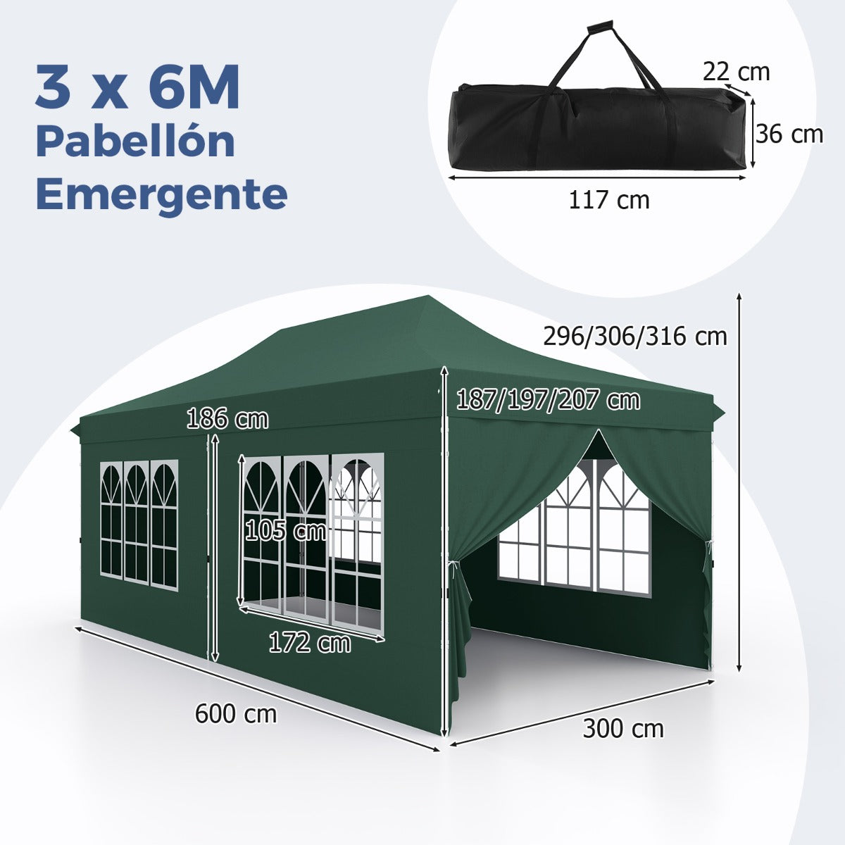 Tenda de 600 x 300 cm com 6 Paredes Laterais Removíveis e Bolsa de Transporte - Verde