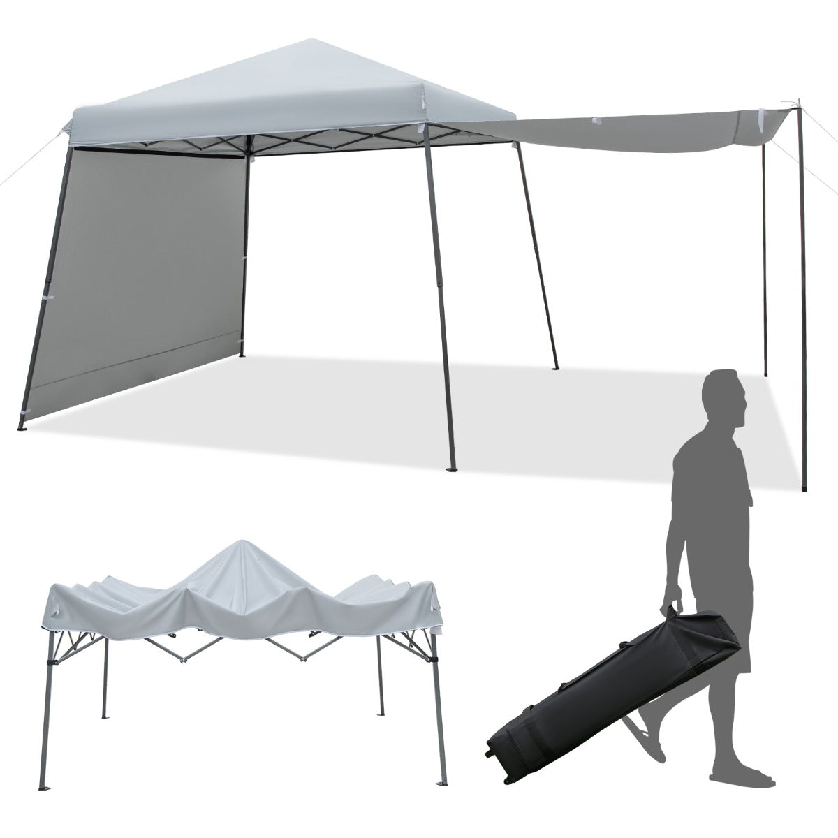 Toldo de Carpa com Paredes Laterais Carpa de Pernas Inclinadas Dobrável para Exterior 599 x 300 x 235-255 cm Cinzento
