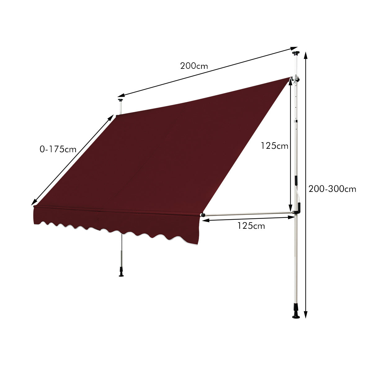 Toldo de Exterior para Terraço Ajustável em Altura 2-3 m com Manivela e Resistente às Intempéries 200 x 125 cm - Vermelho Vinho