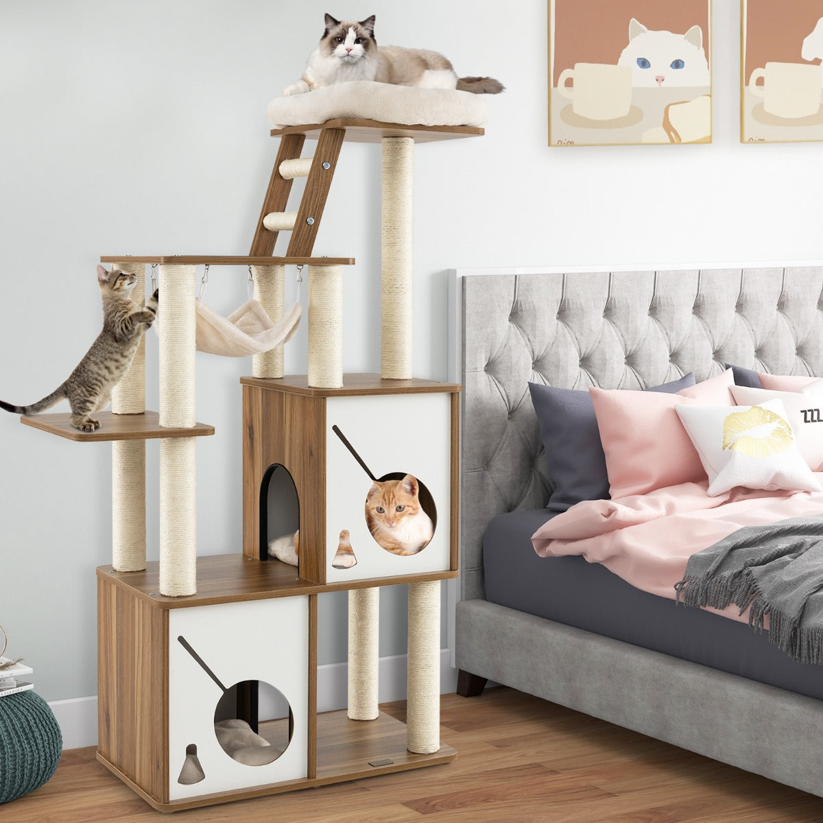 Torre de Arranhador para Gatos – 145 cm – Natural – Material seguro para animais de estimação