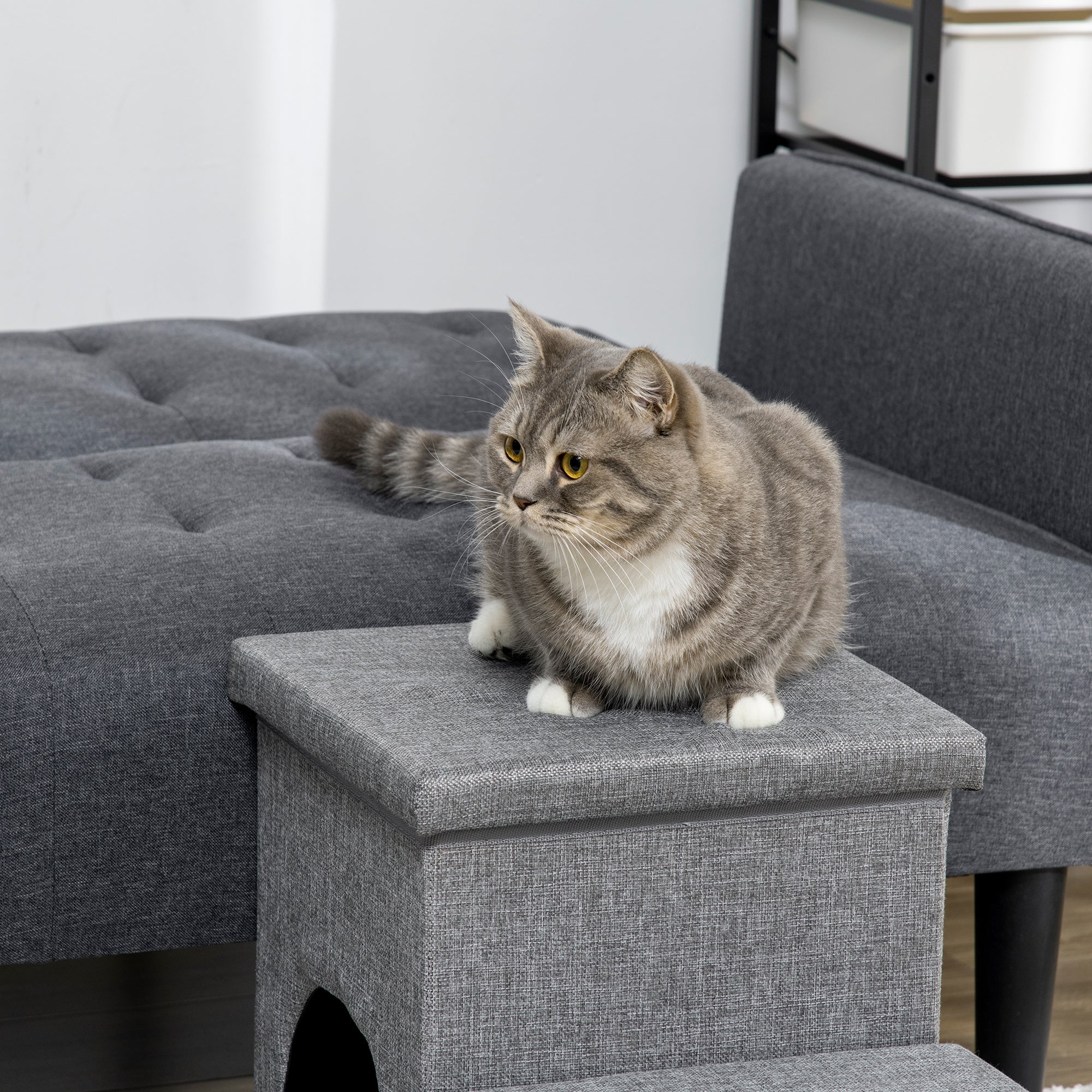 Escada para Animais de Estimação – 73,5x33x40,5cm – Cinza Claro – Tecido de linho, pelúcia, algodão PP e MDF