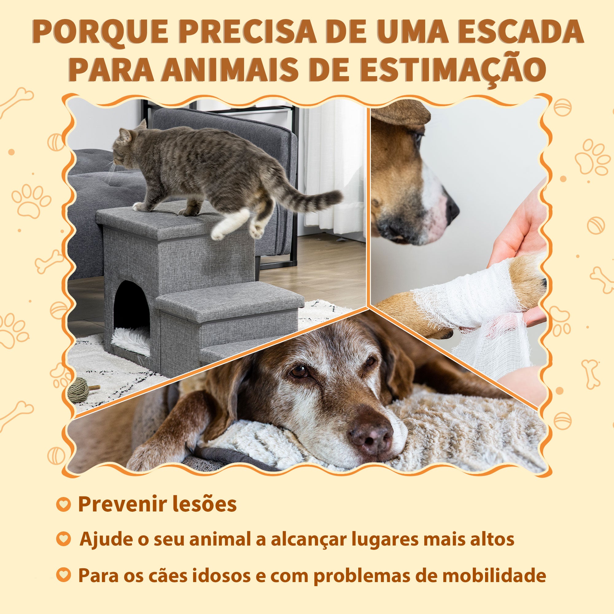 Escada para Animais de Estimação – 73,5x33x40,5cm – Cinza Claro – Tecido de linho, pelúcia, algodão PP e MDF
