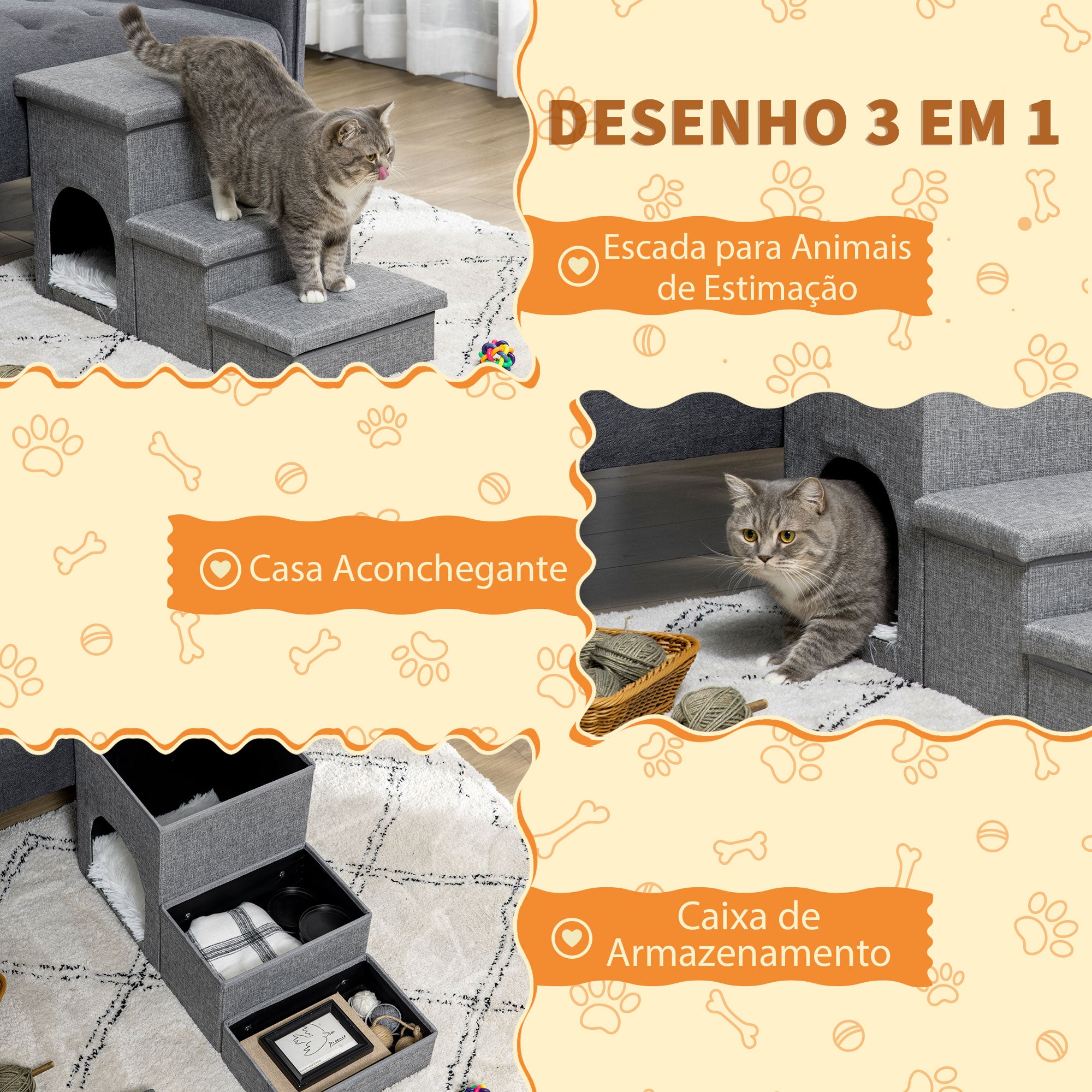 Escada para Animais de Estimação – 73,5x33x40,5cm – Cinza Claro – Tecido de linho, pelúcia, algodão PP e MDF