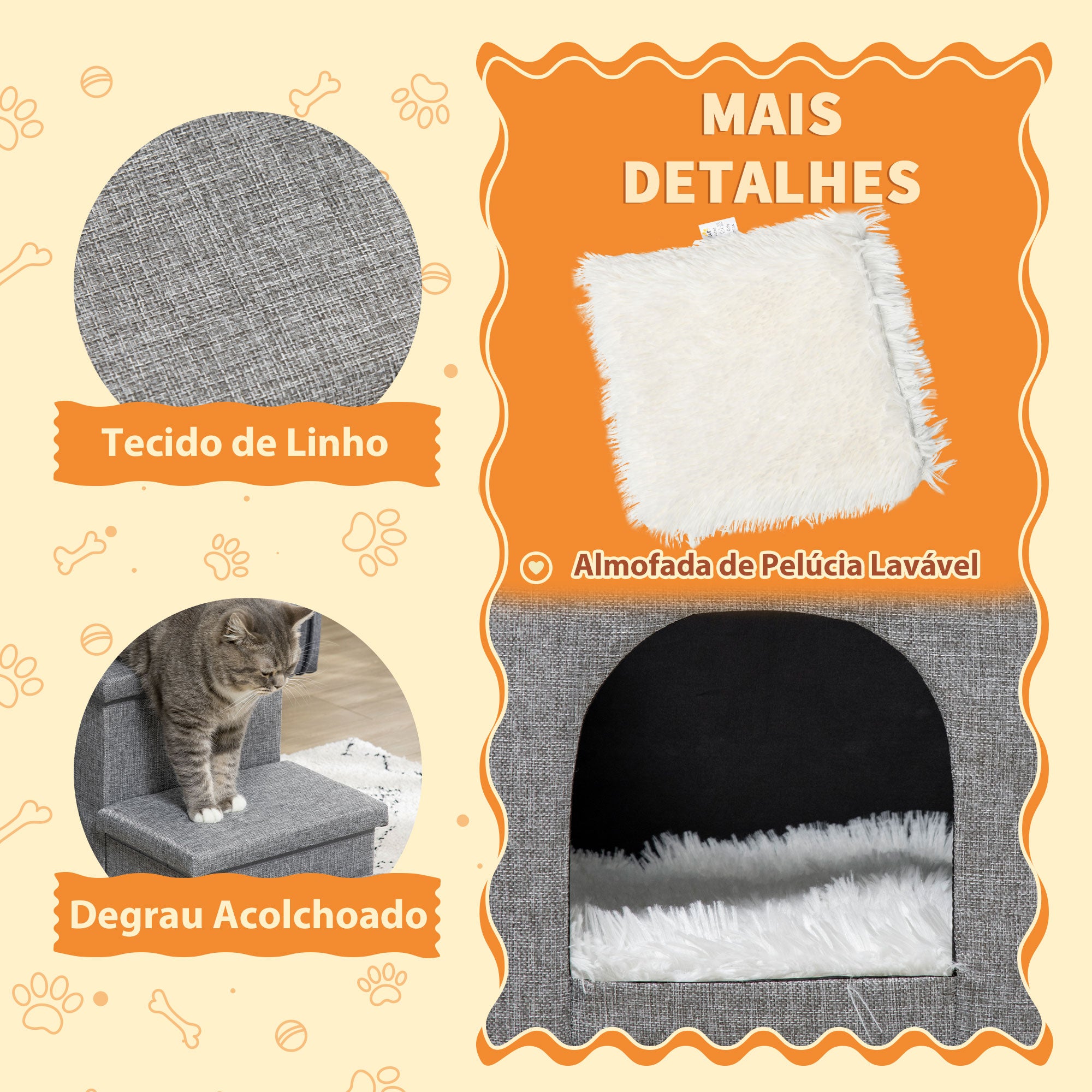 Escada para Animais de Estimação – 73,5x33x40,5cm – Cinza Claro – Tecido de linho, pelúcia, algodão PP e MDF