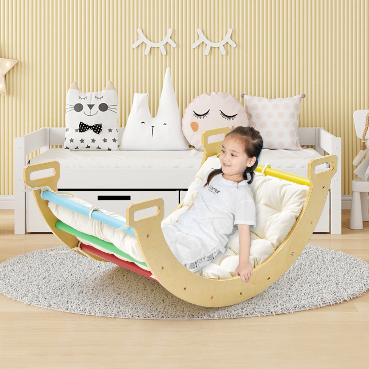 Baloiço e Escalada 2 em 1 com Almofada Suave Triângulo de Madeira para Crianças a partir dos 1 Anos - Multicolorido