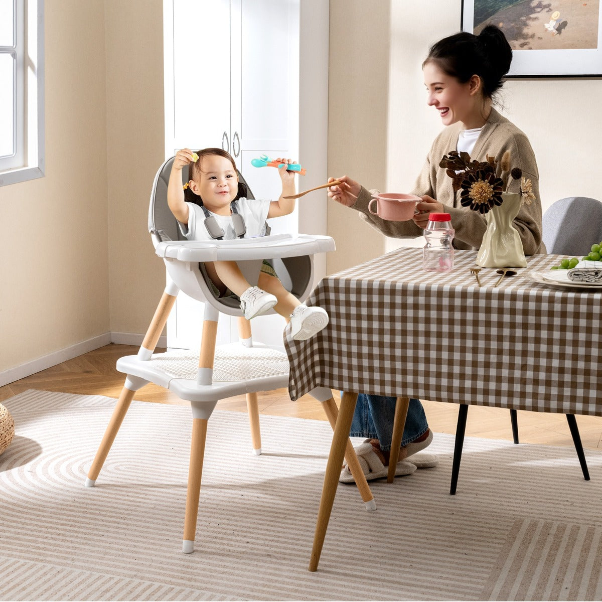 Trona Convertível 6 em 1 para Bebés e Crianças Pequenas - Cinzento e Branco