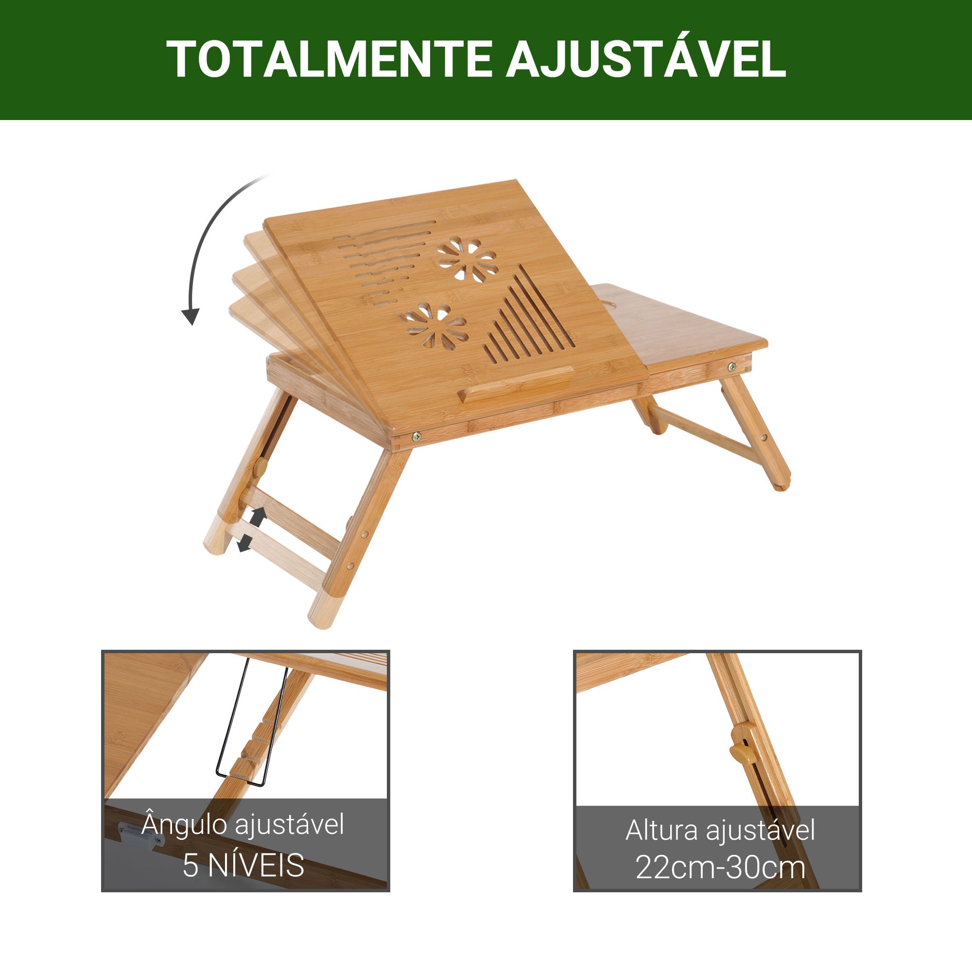 Mesa para Computador Portátil Bambu Natural - 55x35x(22-30) cm
