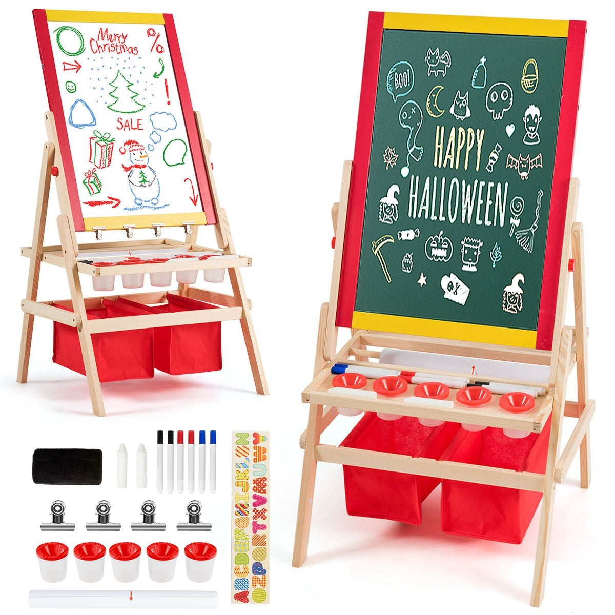 Caballete para Crianças 3 em 1 de Dupla Face com Rolo de Papel Magnético, 2 Giz e Outros Acessórios para Desenhar 79 x 52,5 x 106,5 cm