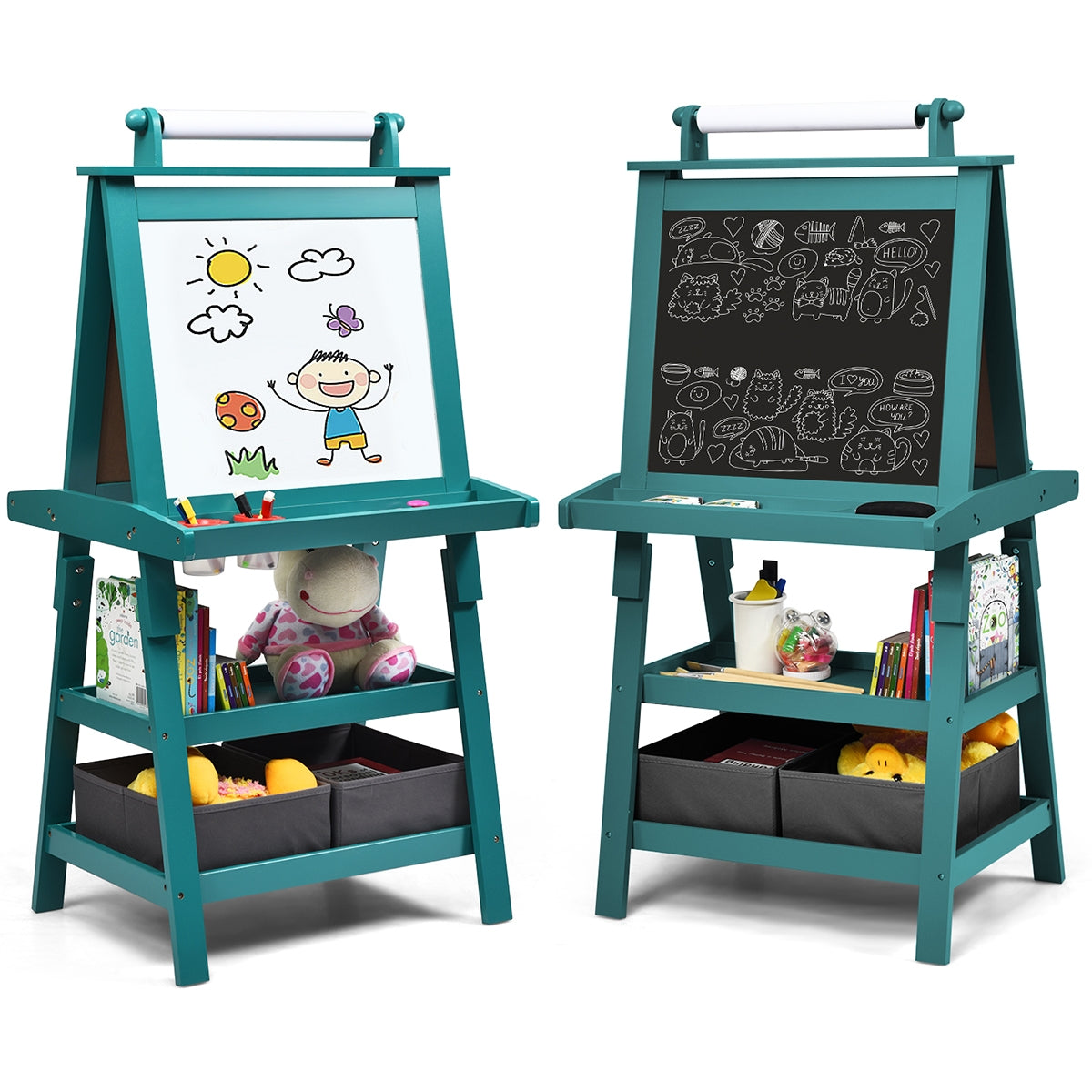 Caballete para Crianças de Dupla Face 3 em 1 com 2 Prateleiras, 2 Caixas e Tabuleiro Amplo Azul 59 x 50 x 117 cm
