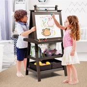 Caballete para Crianças de Dupla Face 3 em 1 com 2 Prateleiras, 2 Caixas e Bandeja Ampla Café 59 x 50 x 117 cm