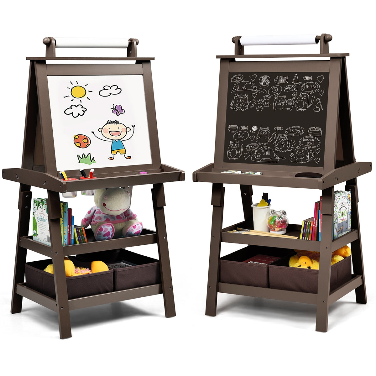 Caballete para Crianças de Dupla Face 3 em 1 com 2 Prateleiras, 2 Caixas e Bandeja Ampla Café 59 x 50 x 117 cm