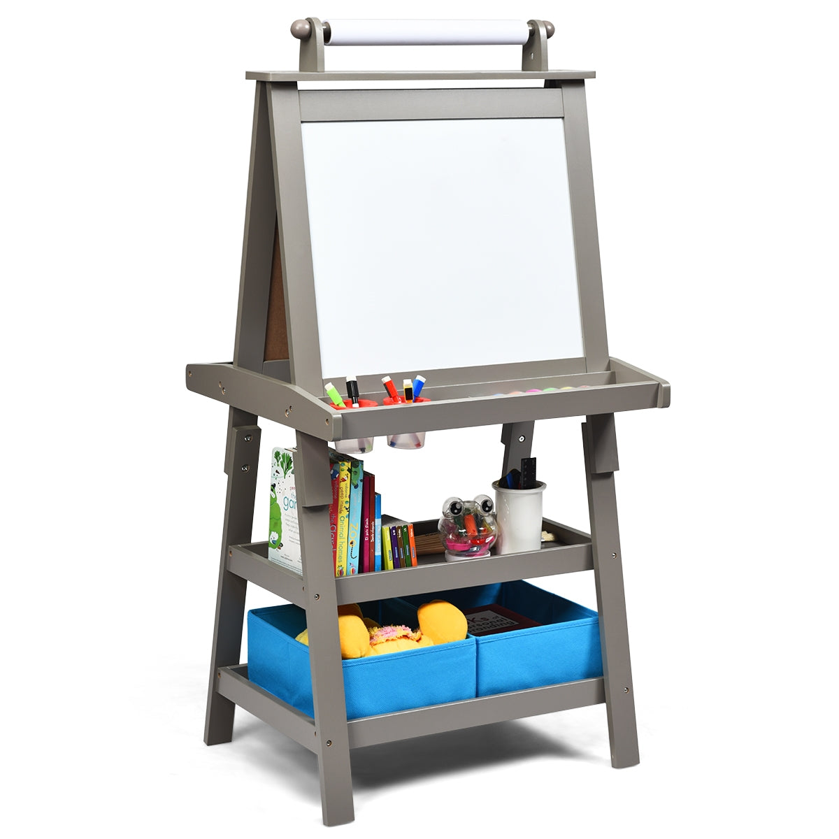Caballete Infantil Tripé Dupla Face 3 em 1 com Quadro Branco e Preto e Rolo de Papel Bandeja Ampla Cinzenta 59 x 50 x 117 cm
