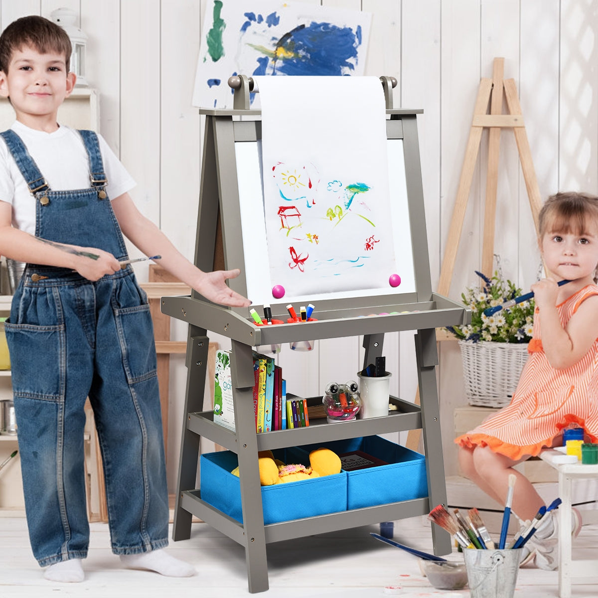 Caballete Infantil Tripé Dupla Face 3 em 1 com Quadro Branco e Preto e Rolo de Papel Bandeja Ampla Cinzenta 59 x 50 x 117 cm