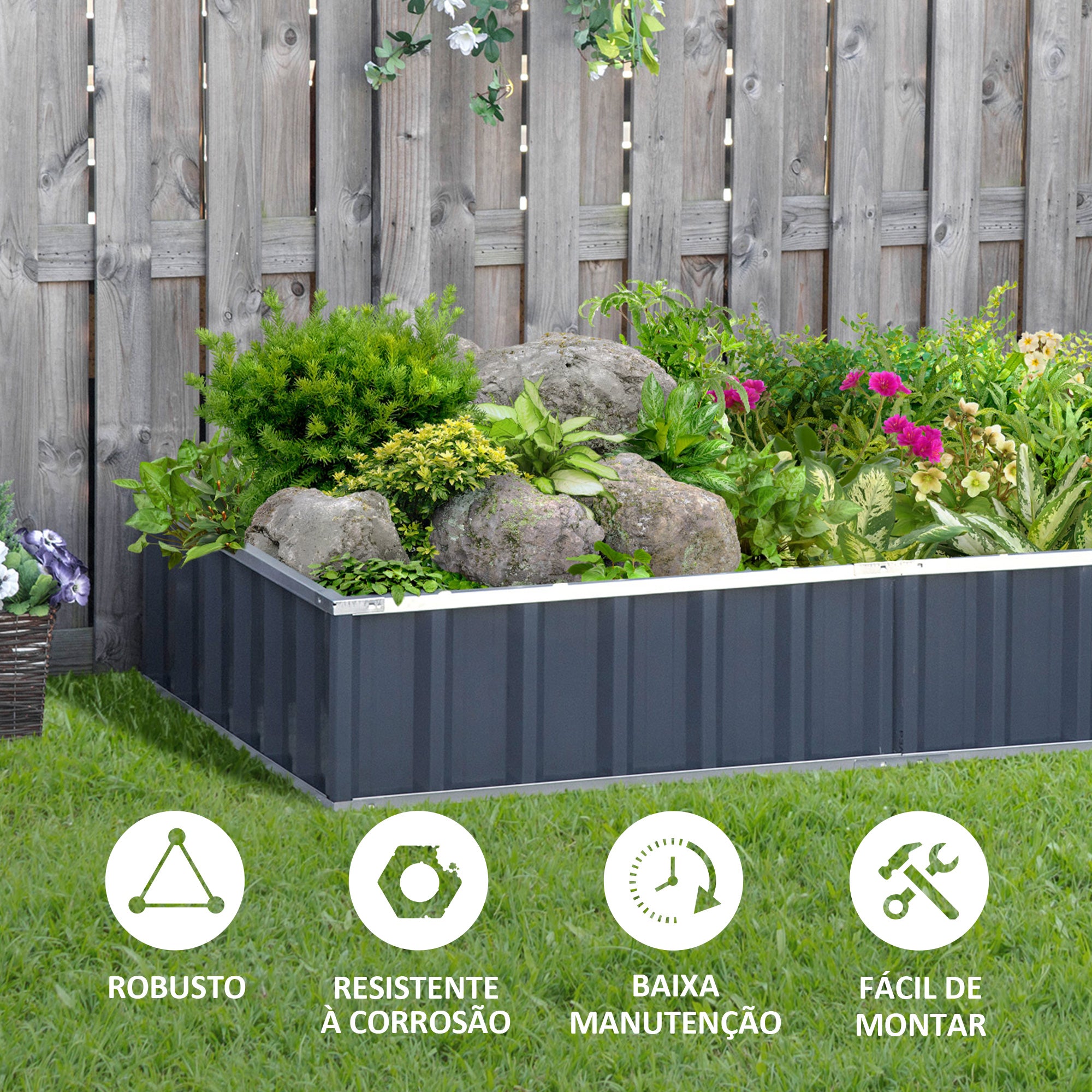 Caixa de Plantio Retangular – 174x90x30 cm – Cinzenta – Aço