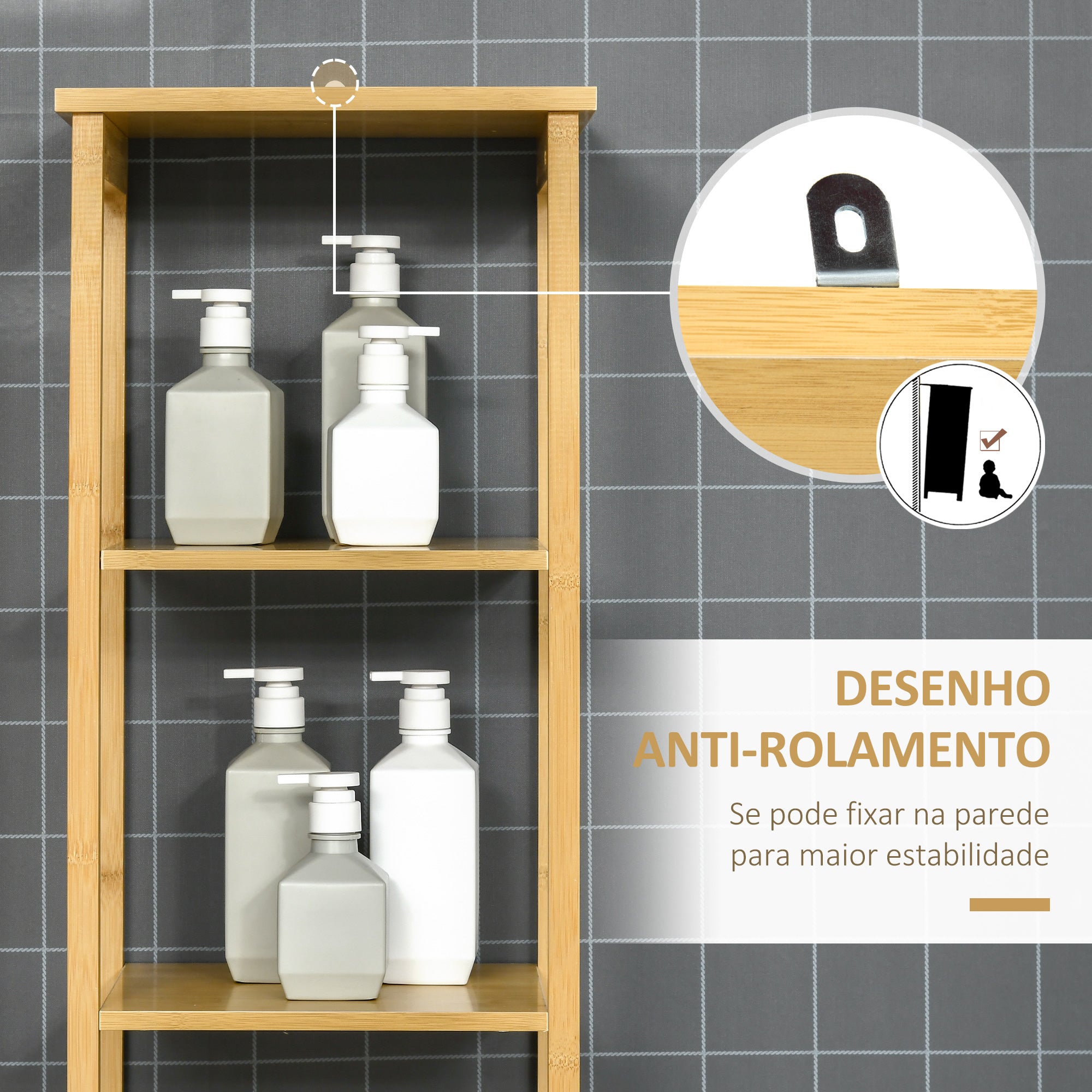 Coluna de Casa de Banho de Bambú com 3 Prateleiras e 1 Porta – 34x30x173 cm – Cor de Madeira Natural