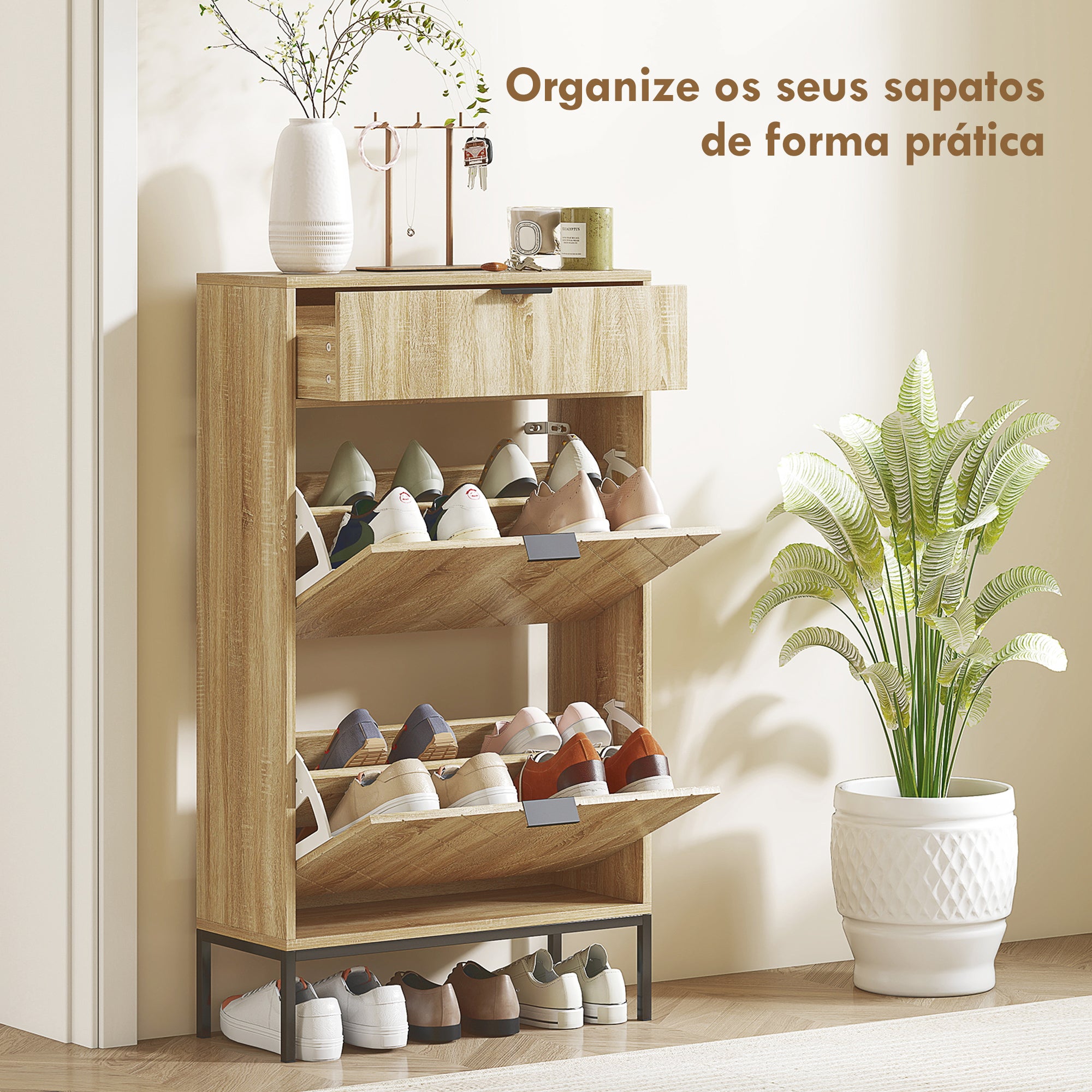 Sapateira Estreita de Madeira para 8 Pares de Sapatos - 60x24x105,5 cm - Cor Madeira
