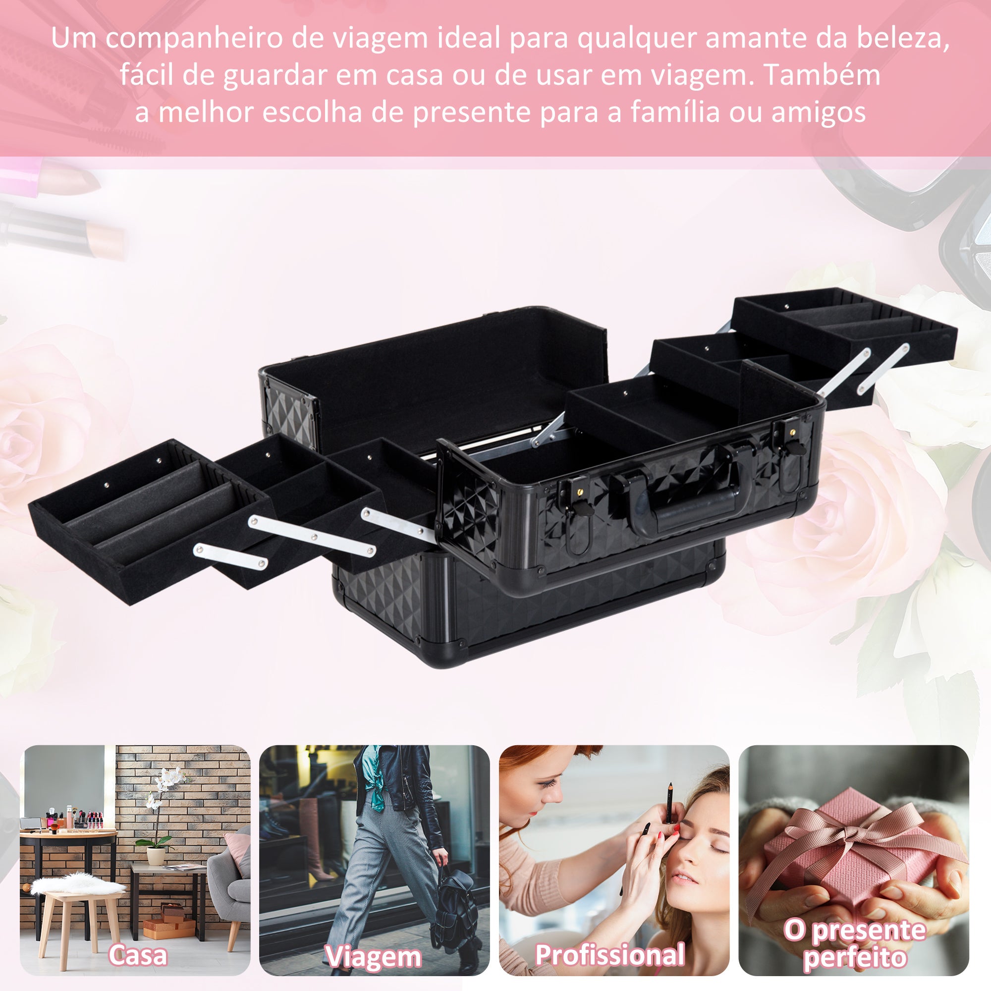 Organizador de Cosméticos Profissional 35,5x20x25,5 cm Preto
