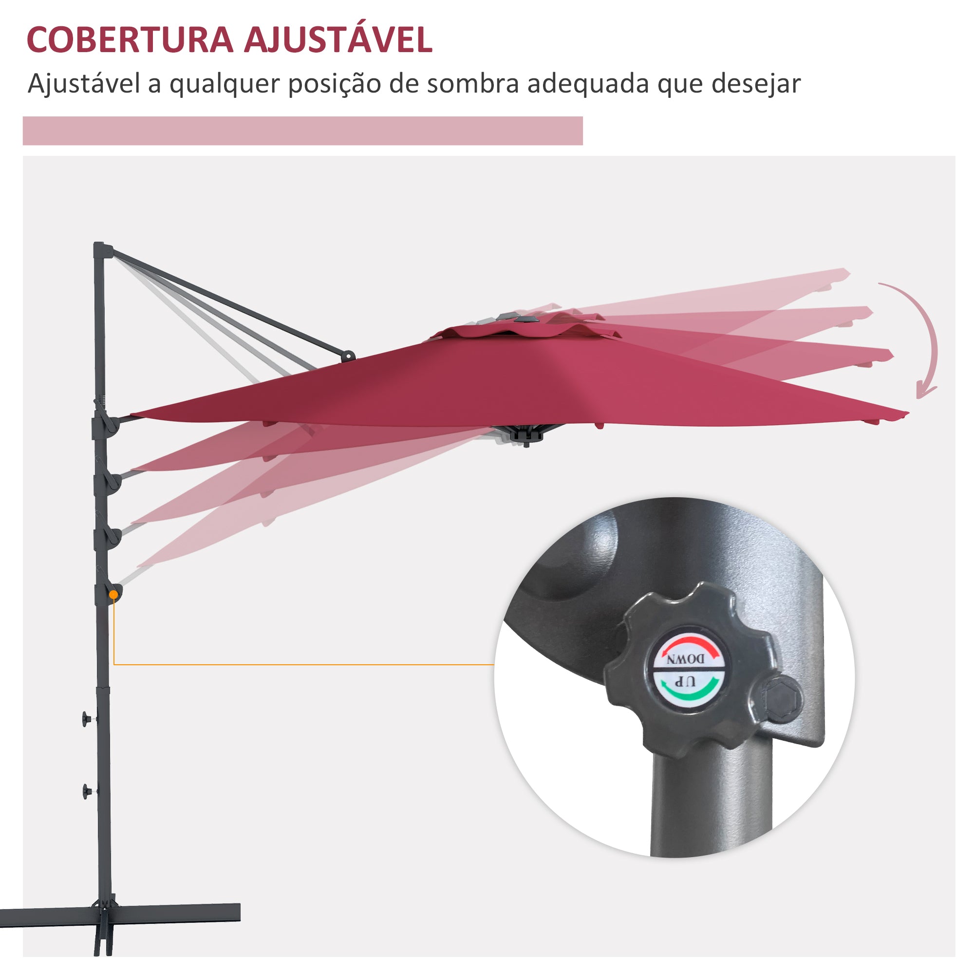 Guarda-Sol Excêntrico Vermelho de Vinho Ø294x242 cm com Altura Ajustável