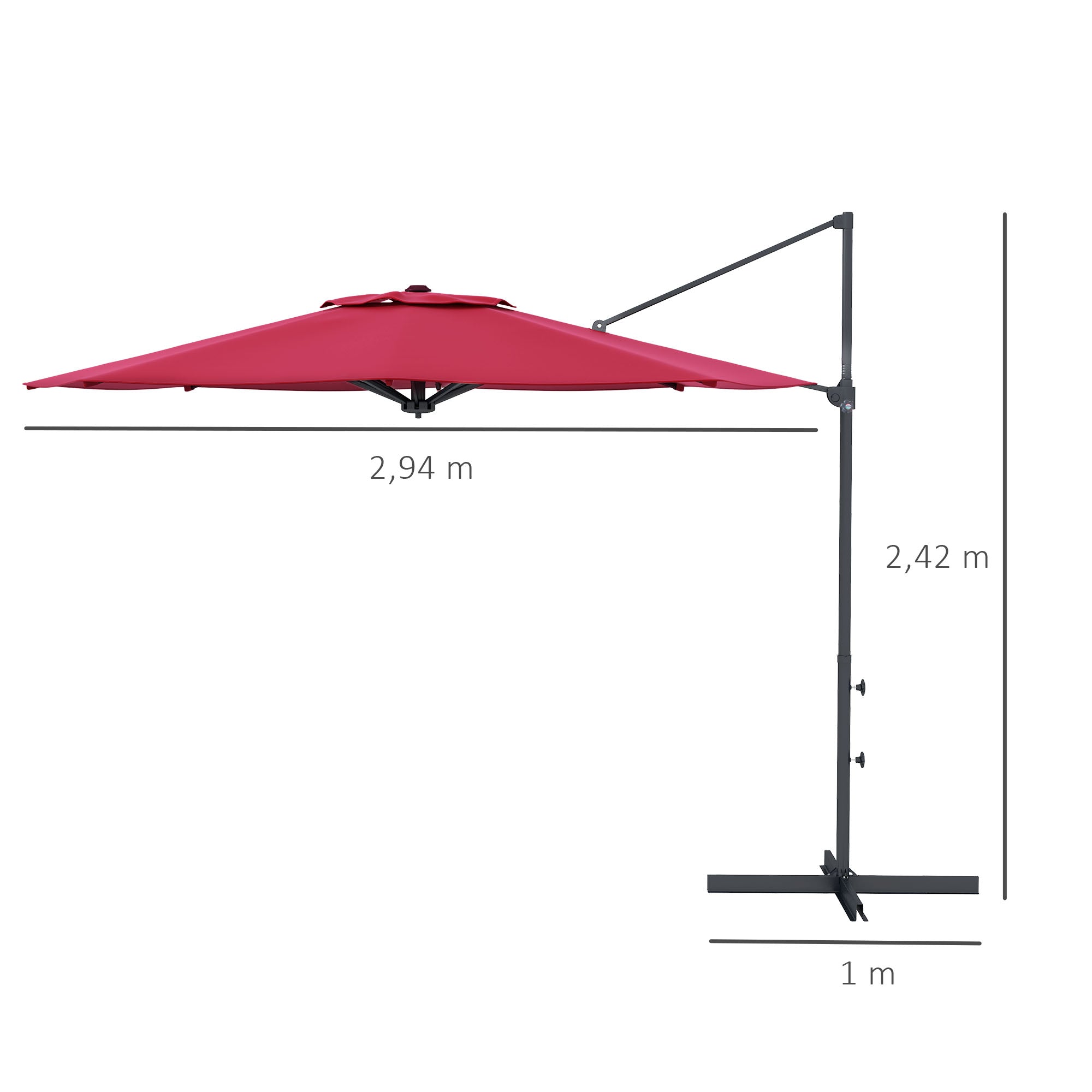 Guarda-Sol Excêntrico Vermelho de Vinho Ø294x242 cm com Altura Ajustável
