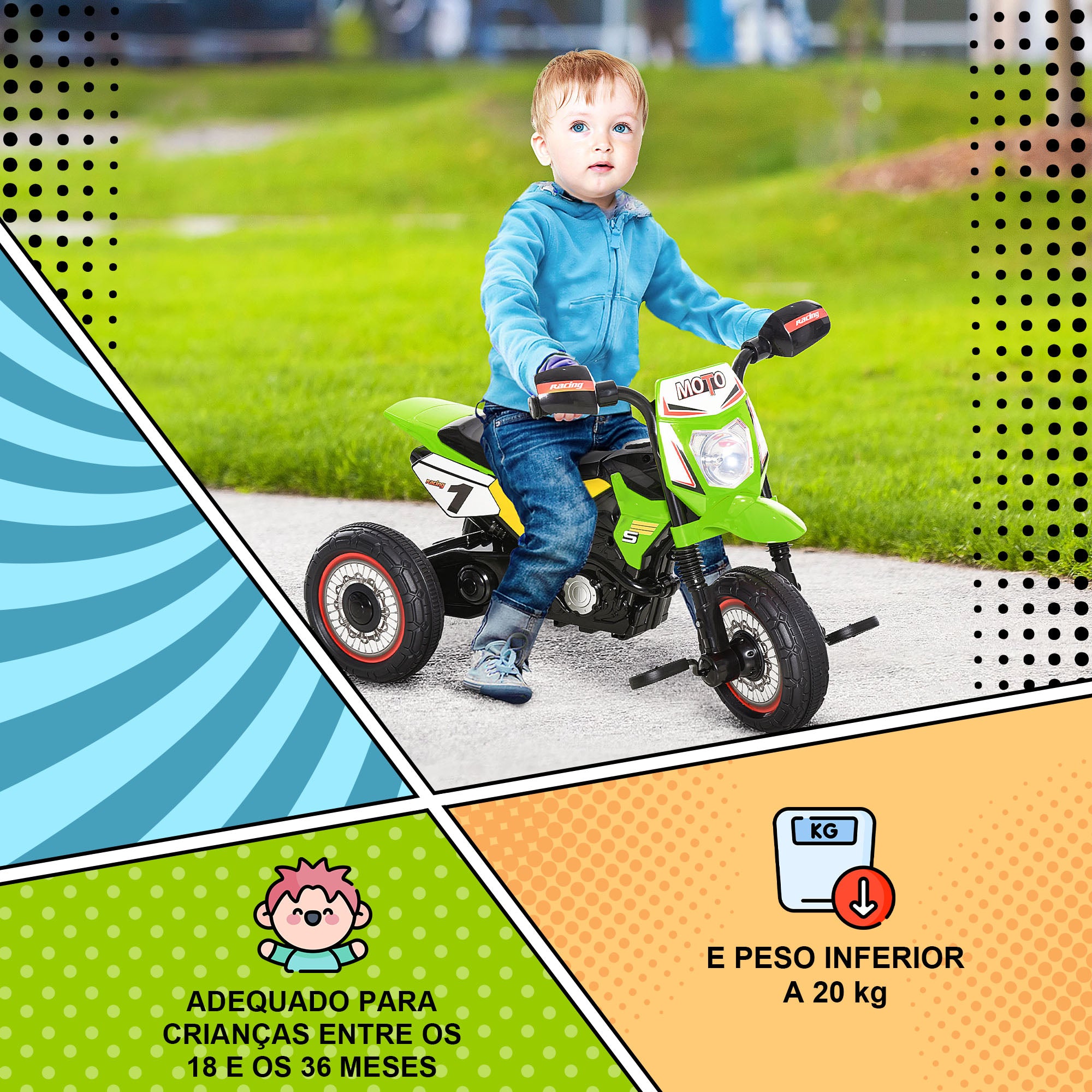 Mota para Crianças Verde 71x40x51 cm com Luzes e Sons Realistas