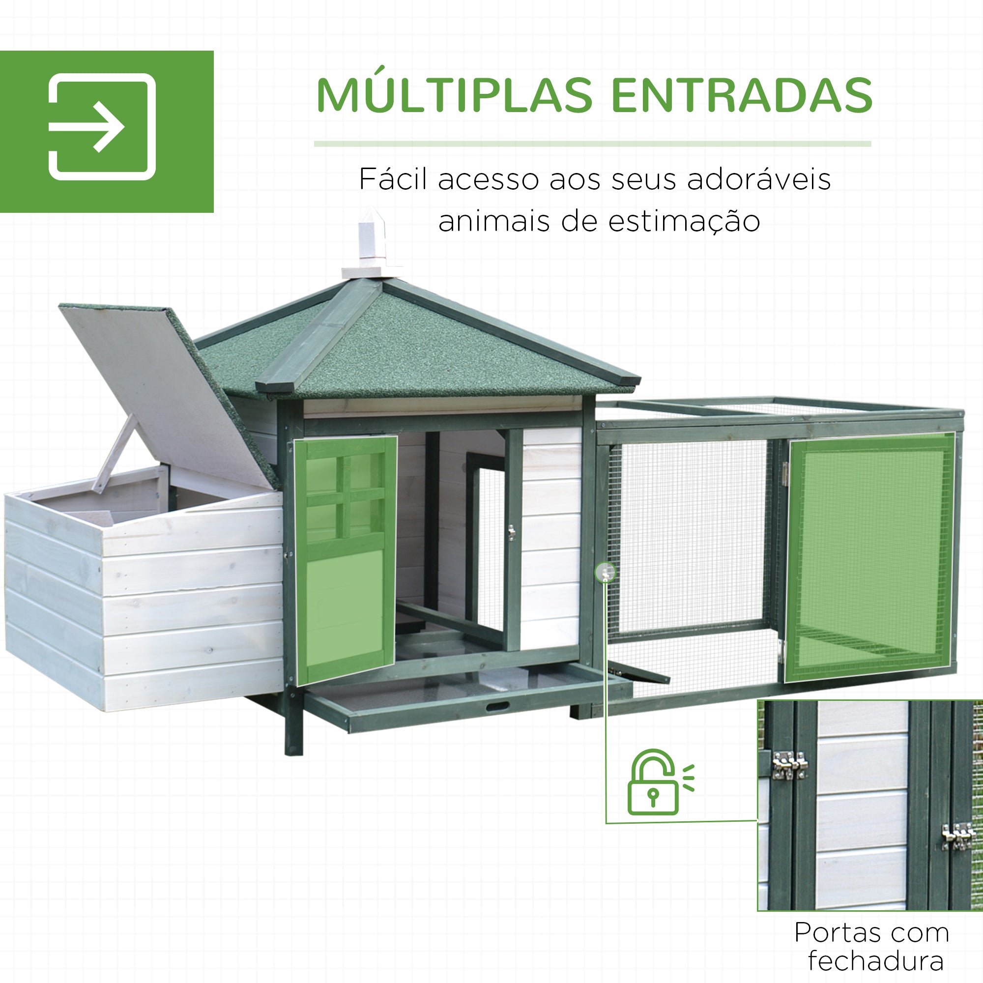 Galinheiro de Madeira de Abeto 196x76x97 cm Verde e Branco